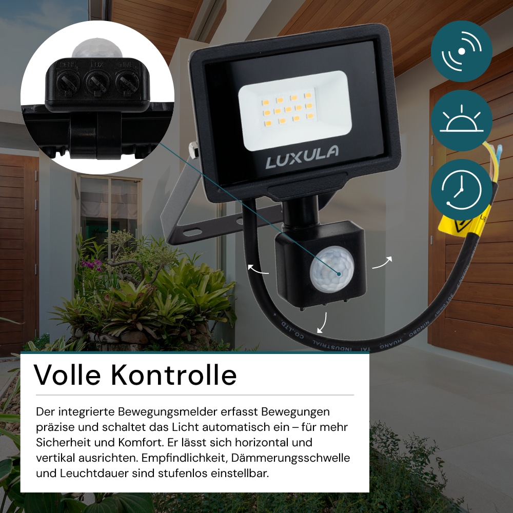 LUXULA LED-Fluter mit Bewegungsmelder, EEK: F, 10W, 1000lm, 3000K, schwarz