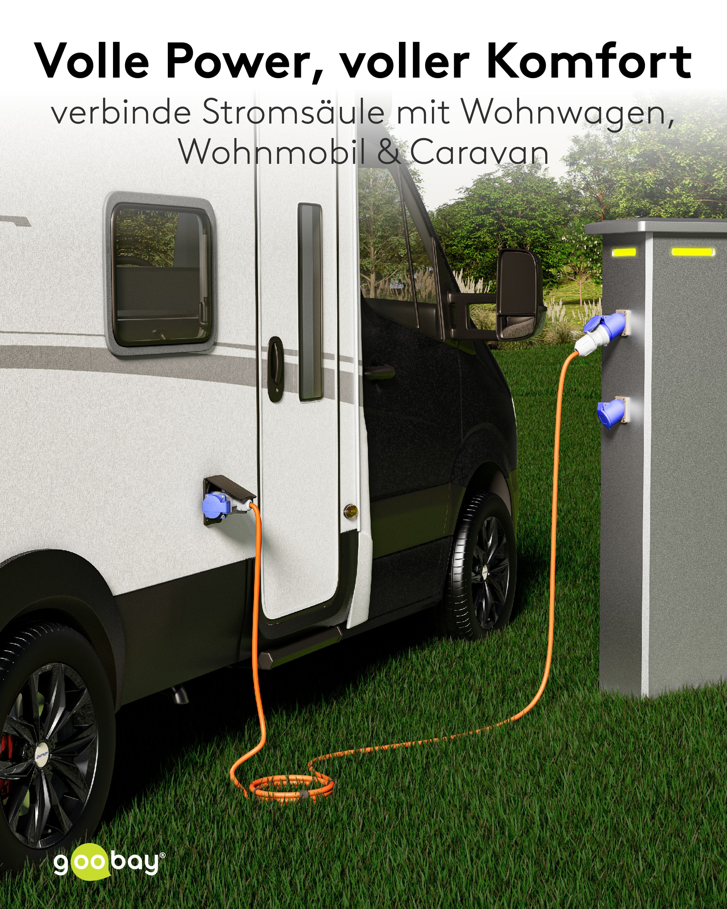 GOOBAY CEE-Adapterkabel 76266, 10 m, Stecker zu Kupplung + 2x Schutzkontaktkupplung