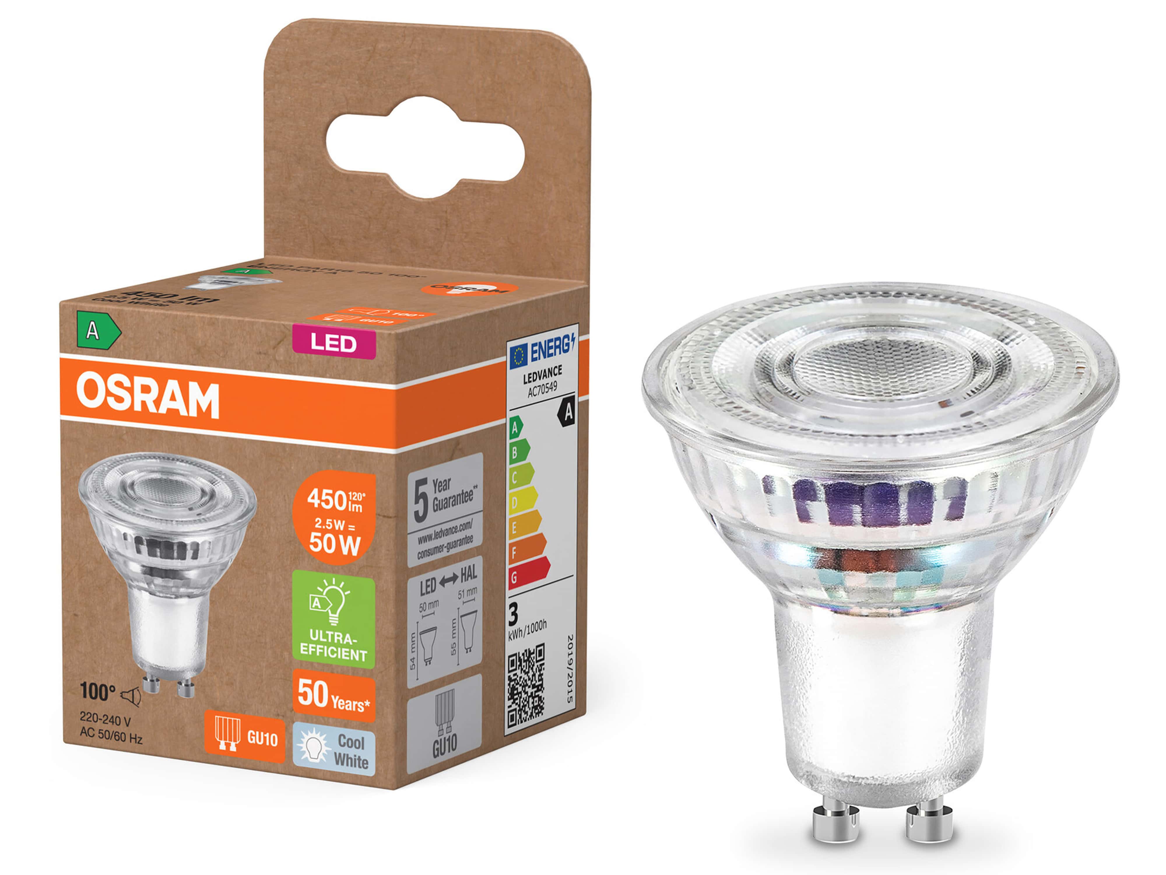 OSRAM LED-Reflektorlampe, GU10, 2,5 W, 4000 K, EEK: A, 450 lm, neutralweiß LED-Reflektorlampe OSRAM, GU10, 2,5 W, 4000 K, EEK: A, 450 lm, neutralweiß
