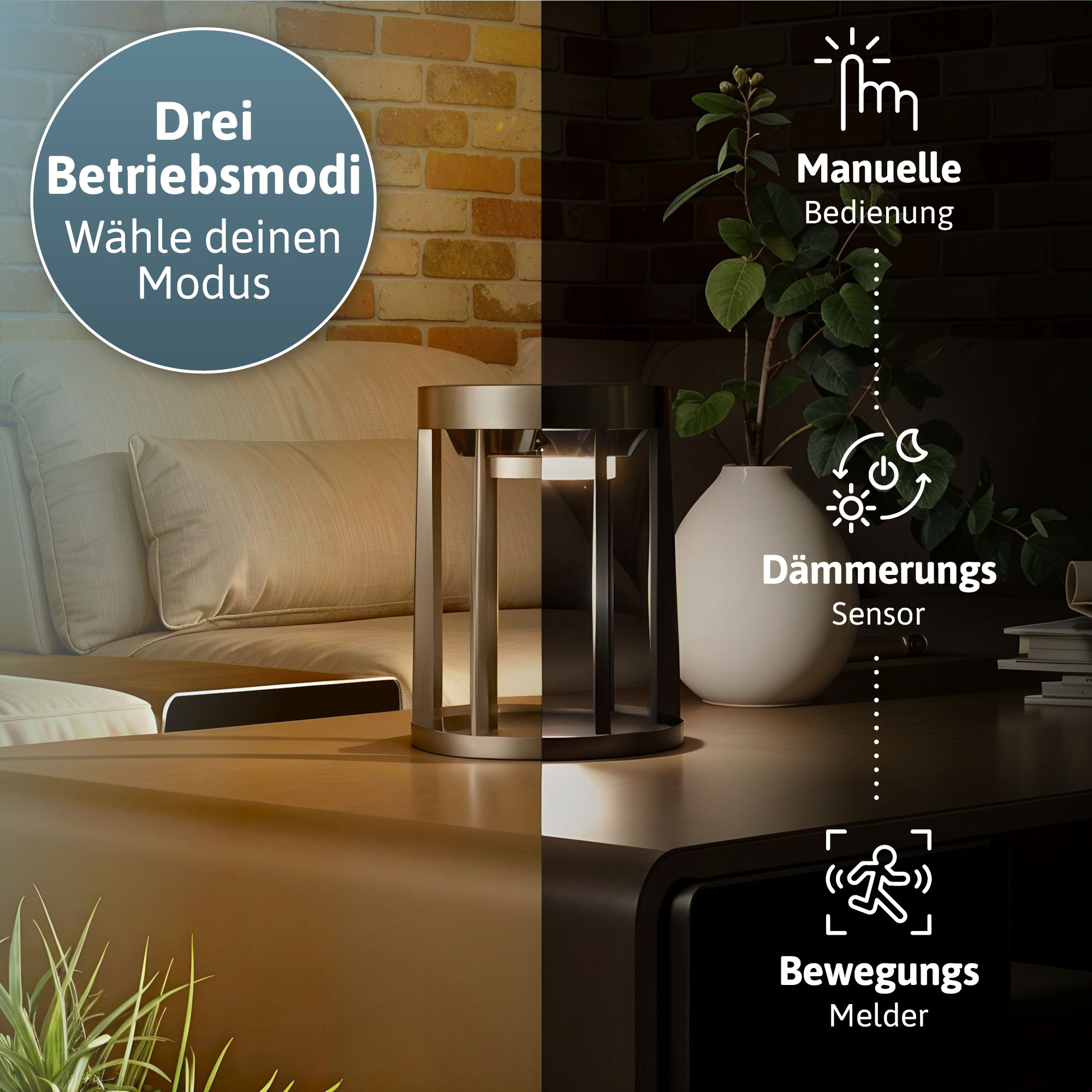 BRENDZ Solar LED-Tischleuchte, Vela & Lynx, 100/500/1000 lm, 3000 K, IP65