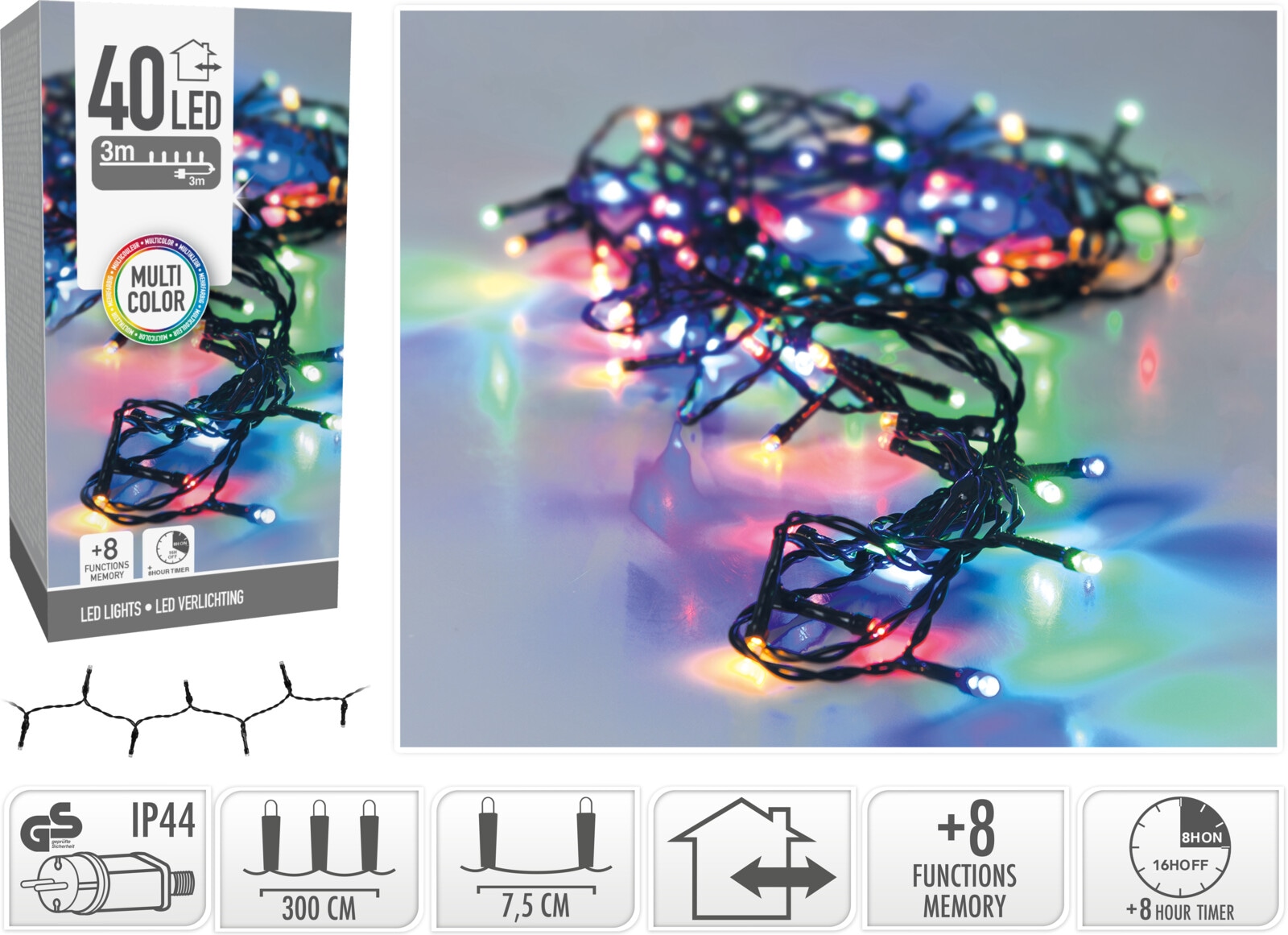 LED-Lichterkette bunt, 40 LEDs, Grünes Kabel, Innen/Außen, 6m, 8 Funk. KOOPMAN LED-Lichterkette bunt, 40 LEDs, Grünes Kabel, Innen/Außen, 6m, 8 Funk.