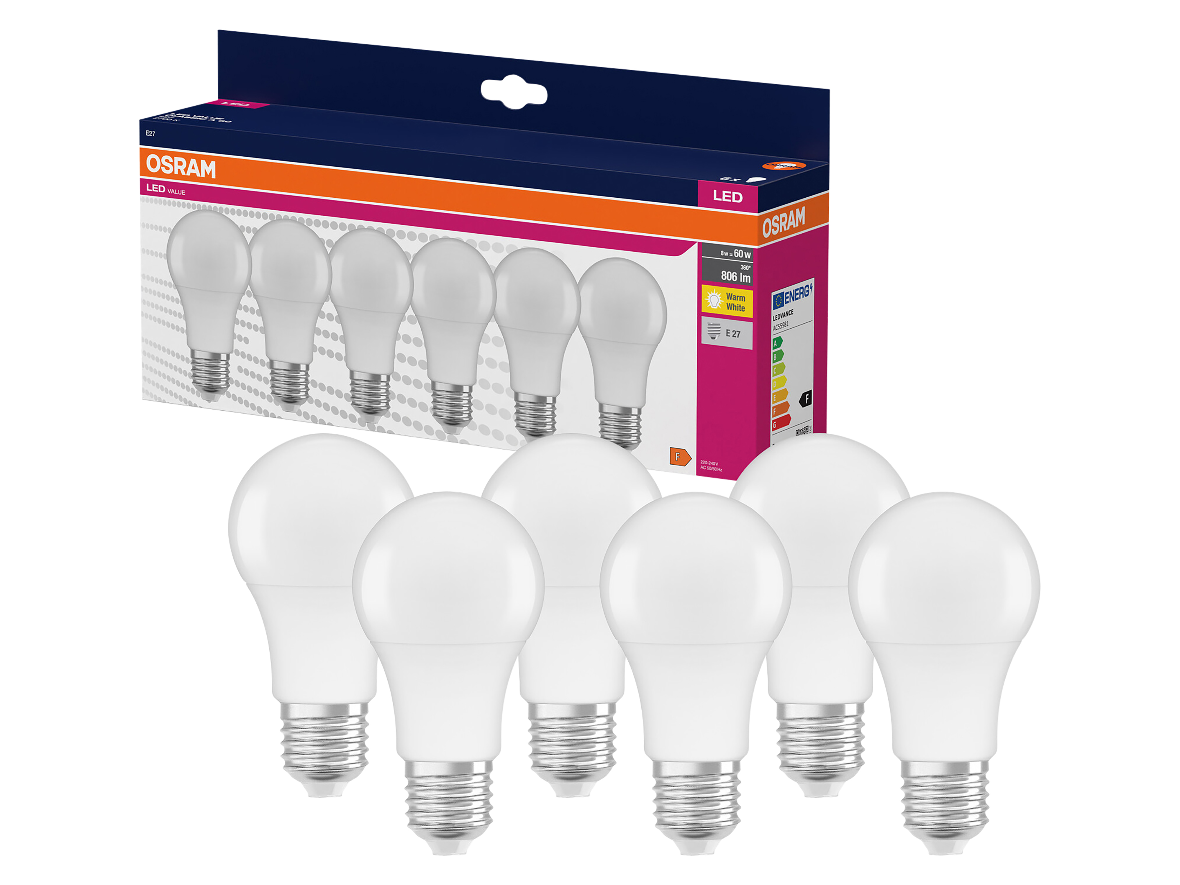 OSRAM LED-Lampe A60 matt, 6 Stück, E27, 8 W, 806 lm, 2700 K OSRAM LED-Lampe A60 matt, 6 Stück, E27, 8 W, 806 lm, 2700 K