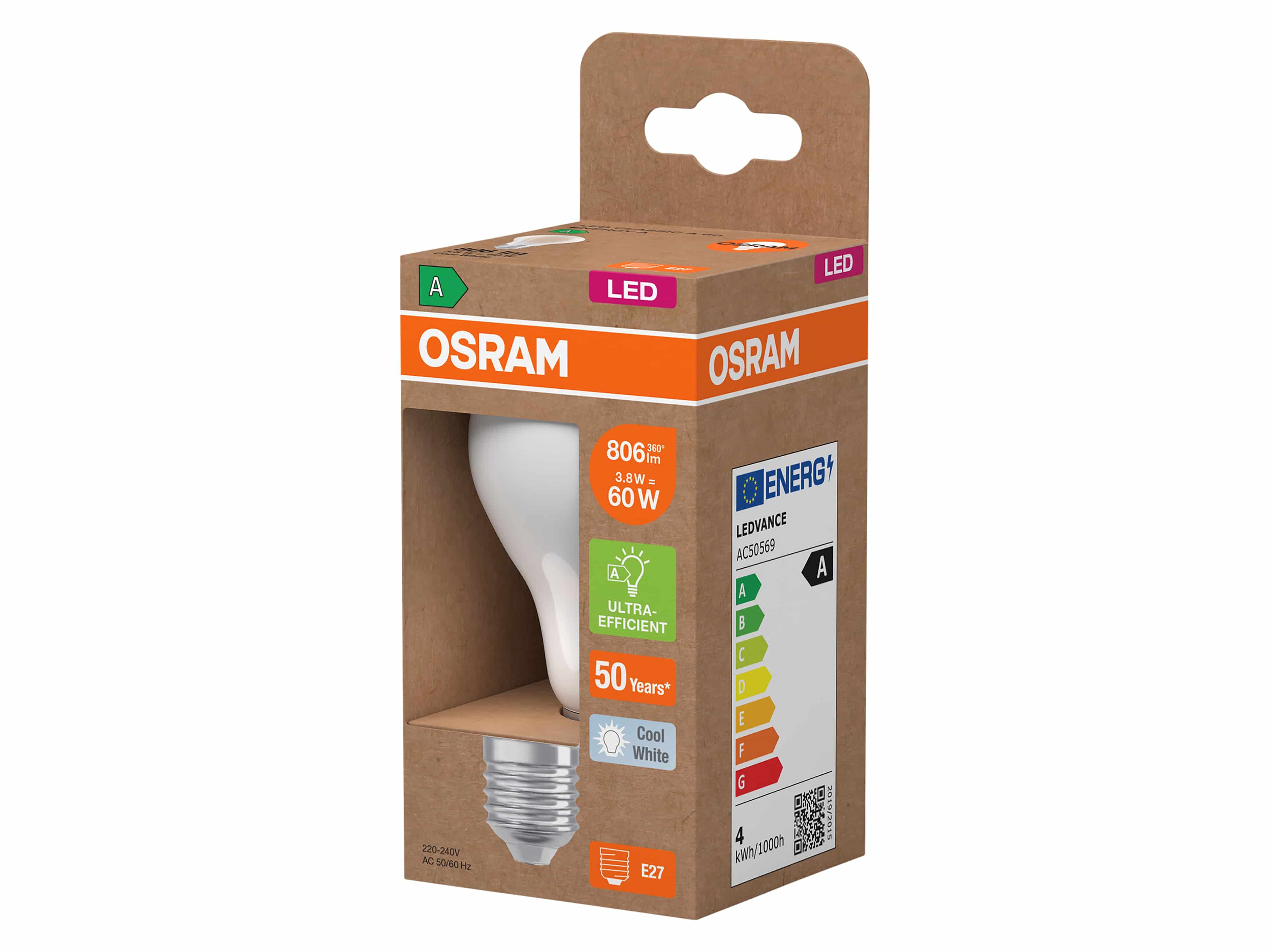OSRAM LED-Lampe, Kolbenform A60, E27, 3,8 W, 4000 K, EEK: A, 806 lm, neutralweiß OSRAM LED-Lampe, Kolbenform, E27, 3,8 W, 4000 K, EEK: A, 806 lm, neutralweiß