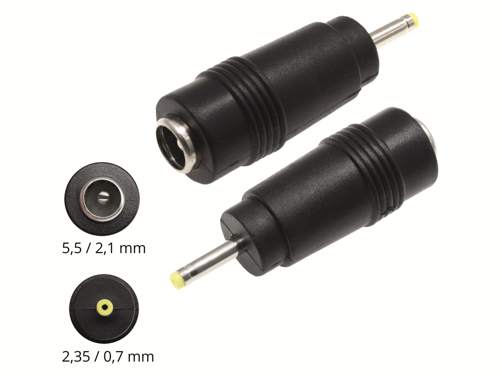 Hohlsteckeradapter, 5,5/2,1 Hohlkupplung auf 2,35/0,7 Hohlstecker Hohlsteckeradapter, 5,5/2,1 Hohlkupplung auf 2,35/0,7 Hohlstecker