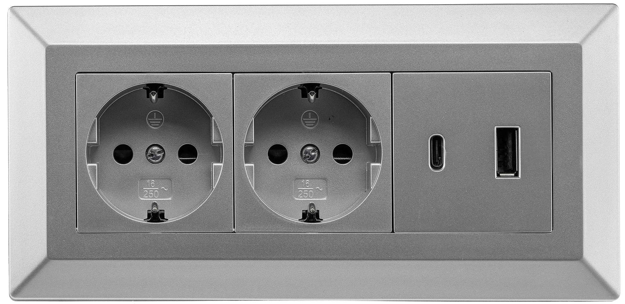 CHILITEC Steckdosenblock 23573, 2-fach, USB-A+C, 16A/250V, silber
