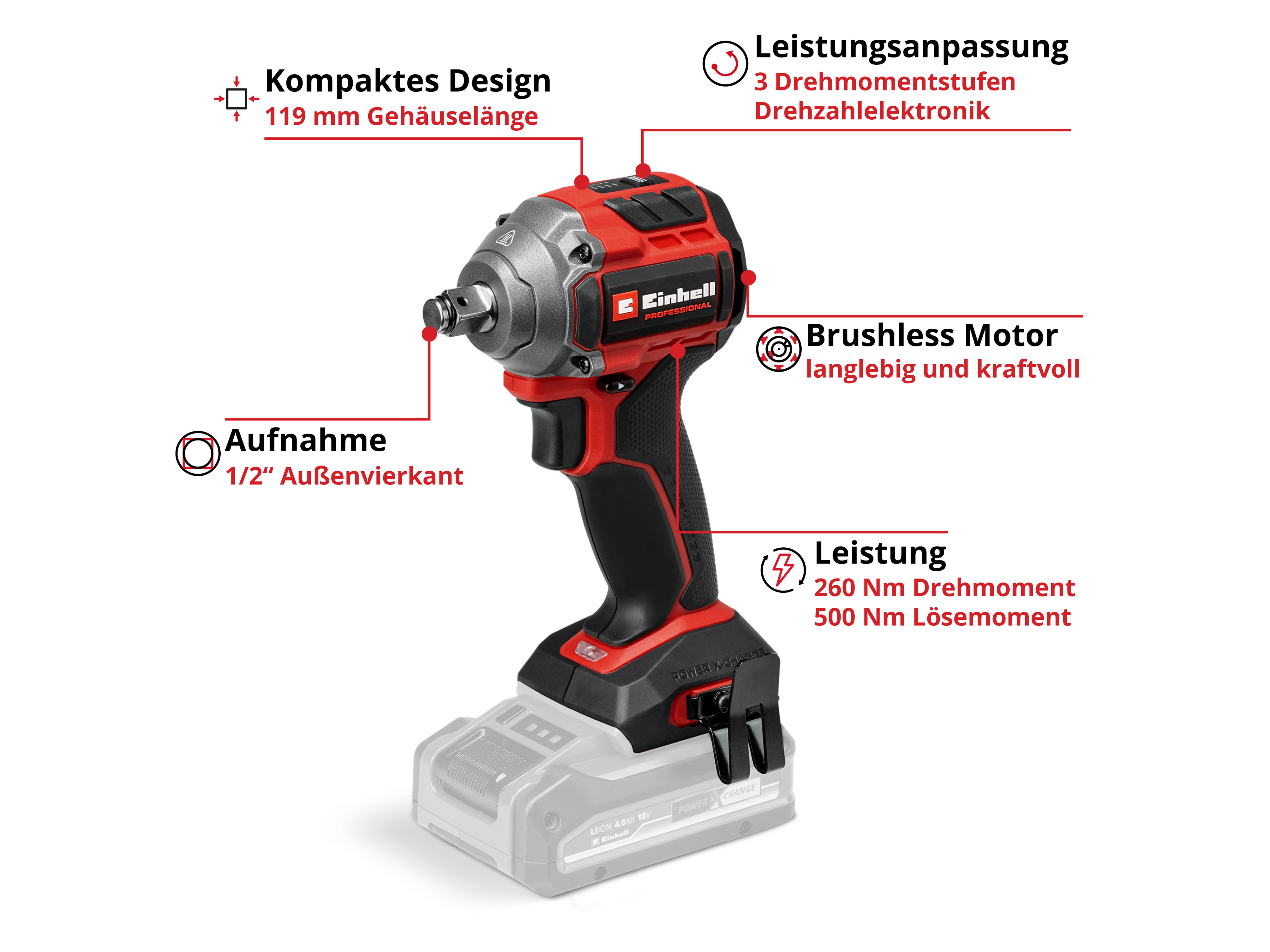 EINHELL PROFESSIONAL Akku-Schlagschrauber TP-CW 18/260-C Li BL, 4510090, Solo EINHELL PROFESSIONAL Akku-Schlagschrauber TP-CW 18/260-C Li BL, 4510090, Solo