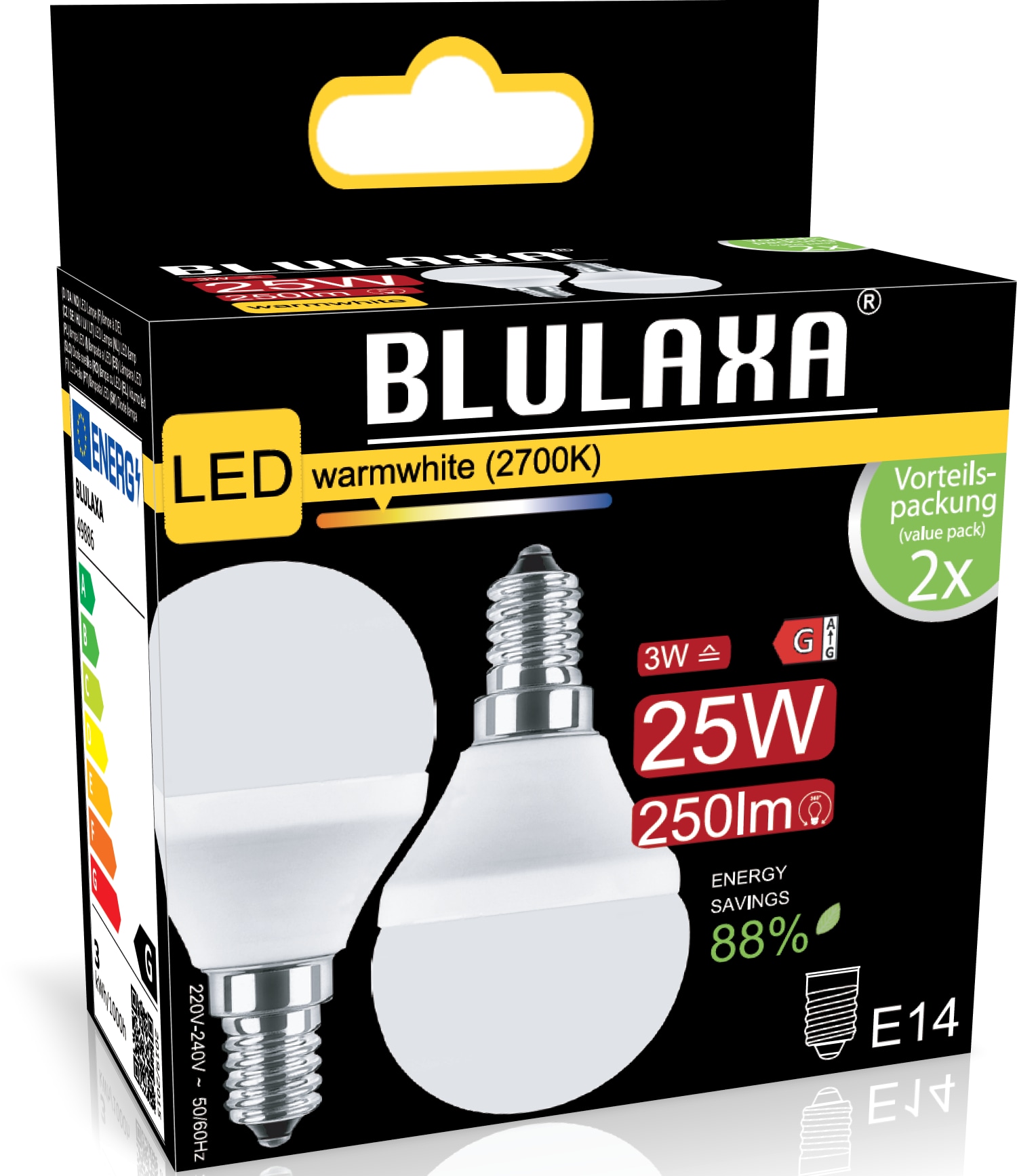 BLULAXA LED-SMD-Lampe, G45, EEK: G, E14, 3 W, 250 lm, 2700 K, 2 Stück BLULAXA LED-SMD-Lampe, G45, EEK: G, E14, 3 W, 250 lm, 2700 K, 2 Stück