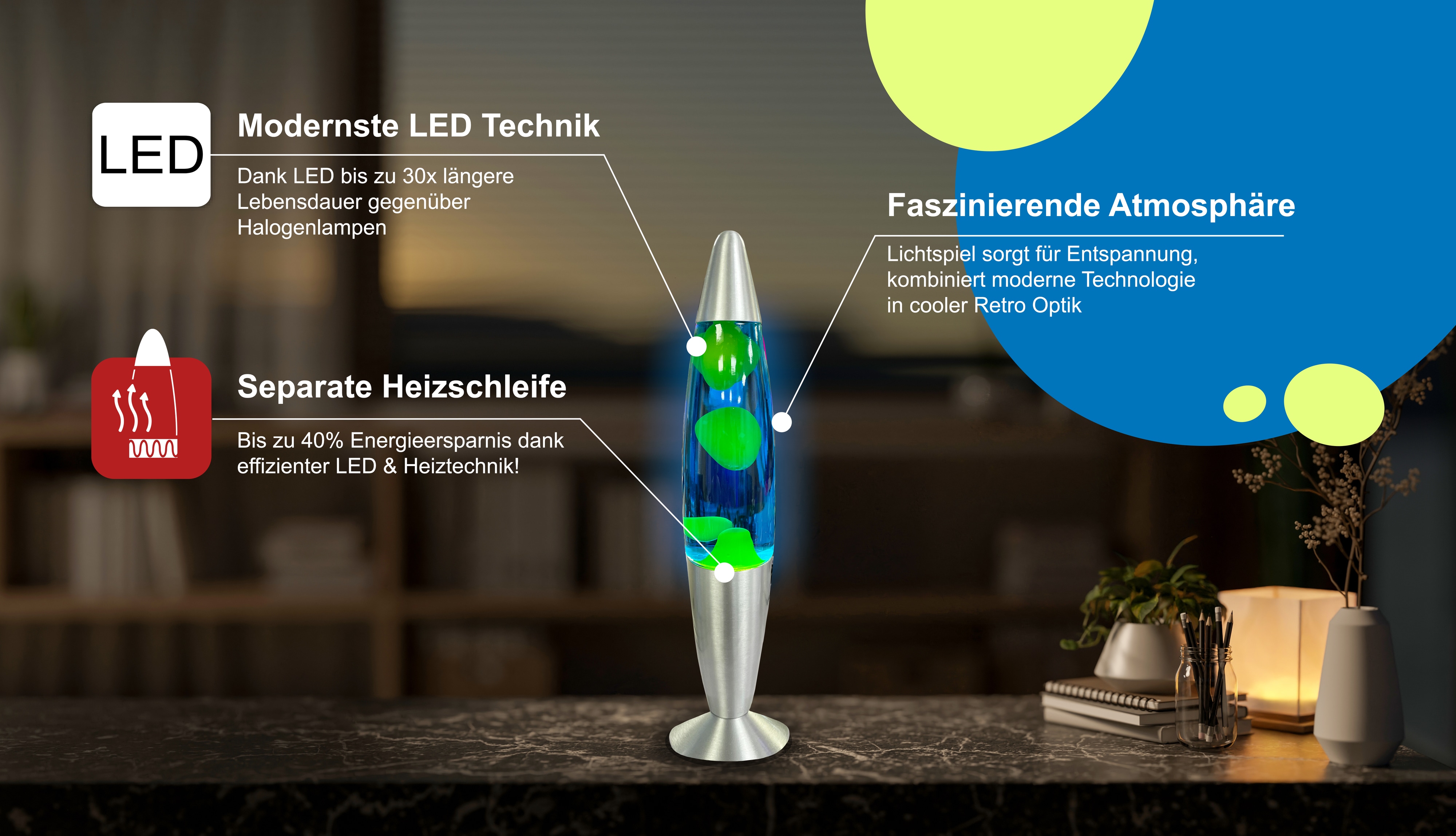BLULAXA LED-Lava-Tischleuchte, 50961, 20W, 34 cm, gelb/blau BLULAXA LED-Lava-Tischleuchte, 50961, 20W, 34 cm, gelb/blau