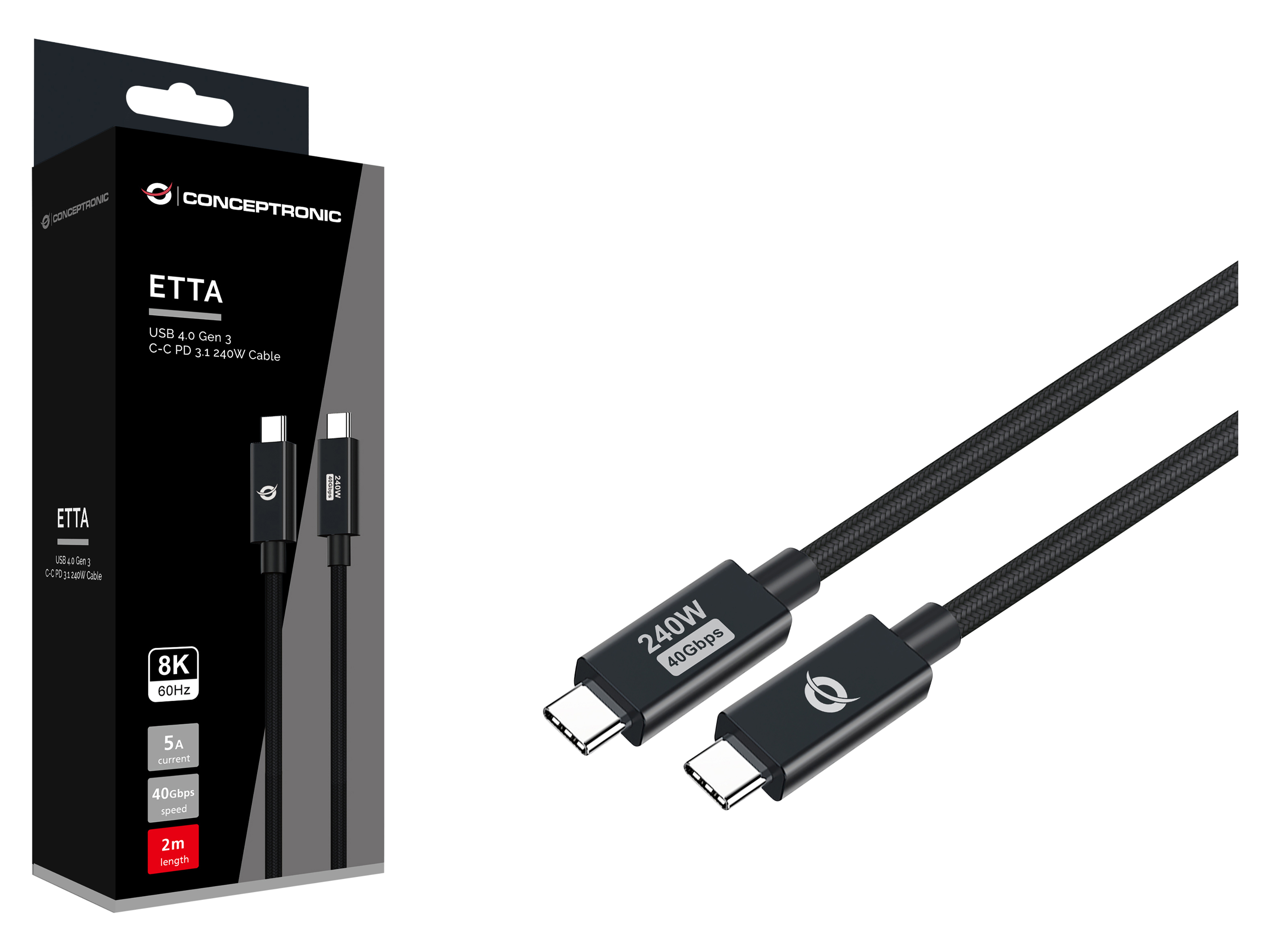 CONCEPTRONIC USB-C Kabel ETTA04B20 240W 2m schwarz 8k CONCEPTRONIC USB-C Kabel ETTA04B20 240W 2m schwarz 8k