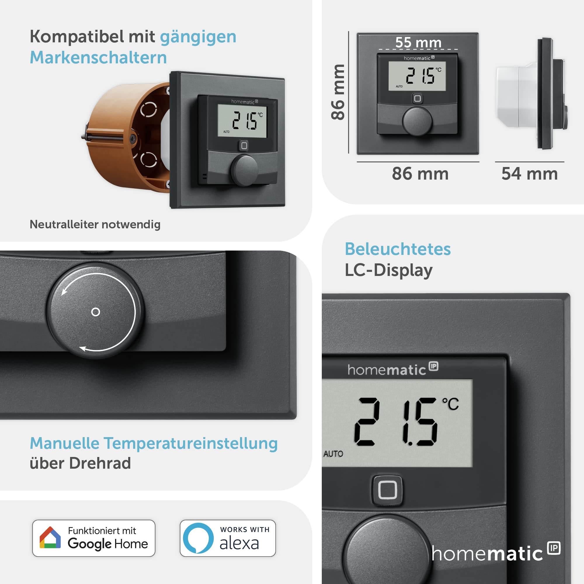 HOMEMATIC IP 159928A0, Wandthermostat mit Schaltausgang, anthrazit HOMEMATIC IP 159928A0, Wandthermostat mit Schaltausgang, anthrazit