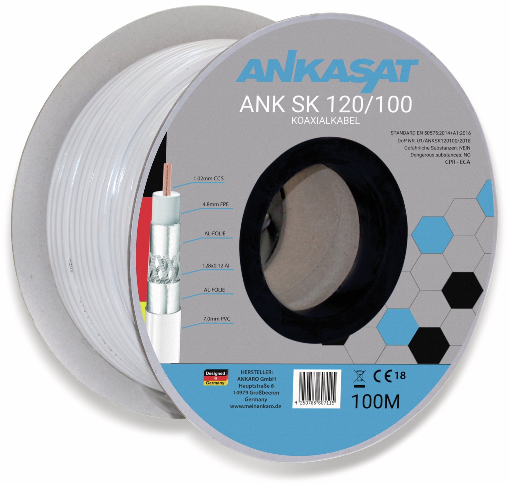 ANKASAT Koaxialkabel, 100 m, weiß, 6,8 mm, CCS, 120 dB ANKASAT Koaxialkabel, 100 m, weiß, 6,8 mm, CCS, 120 dB
