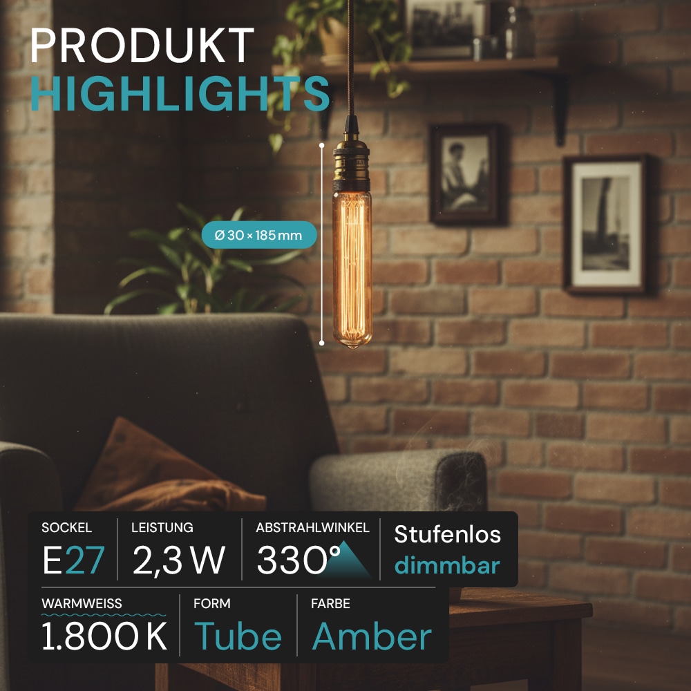 LUXULA LED-Filament-Lampe, Vintage Stab, E27, 2,3W, 65lm, 1800K LUXULA LED-Filament-Lampe, Vintage Stab, E27, 2,3W, 65lm, 1800K