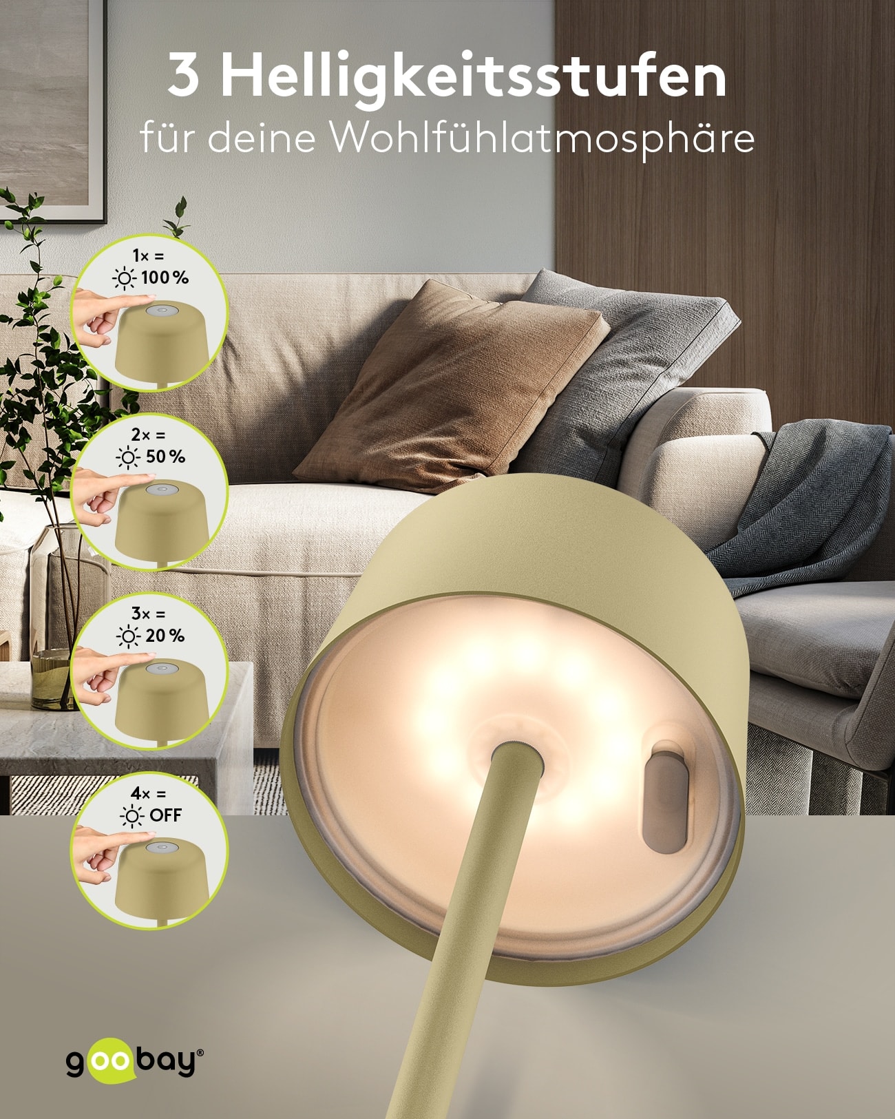 GOOBAY LED-Tischleuchte 77678, 2W, 3000 K, 150 lm, warmweiß, IP44, beige GOOBAY LED-Tischleuchte 77678, 2W, 3000 K, 150 lm, warmweiß, IP44, beige