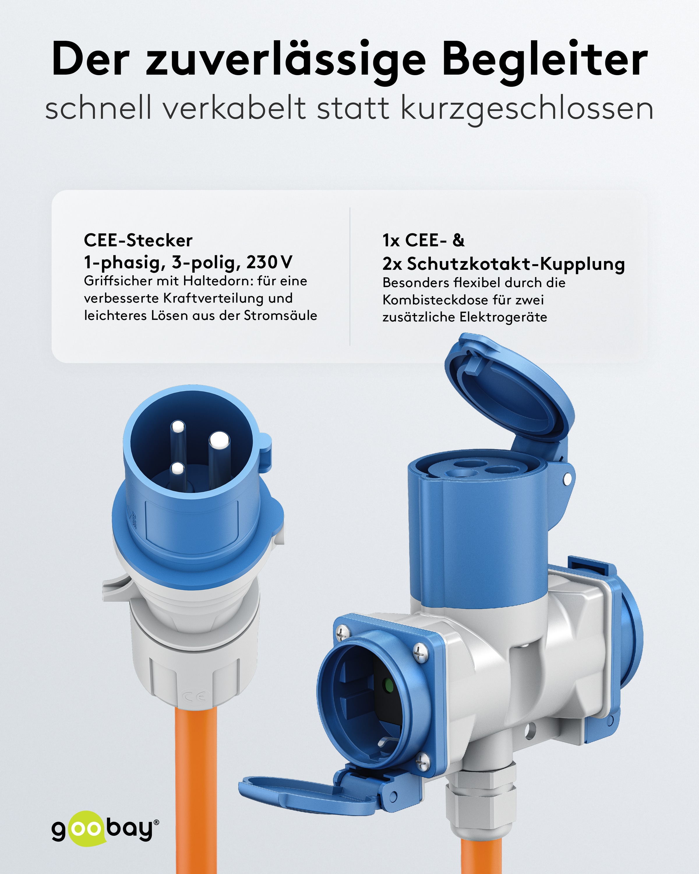 GOOBAY CEE-Adapterkabel 76266, 10 m, Stecker zu Kupplung + 2x Schutzkontaktkupplung