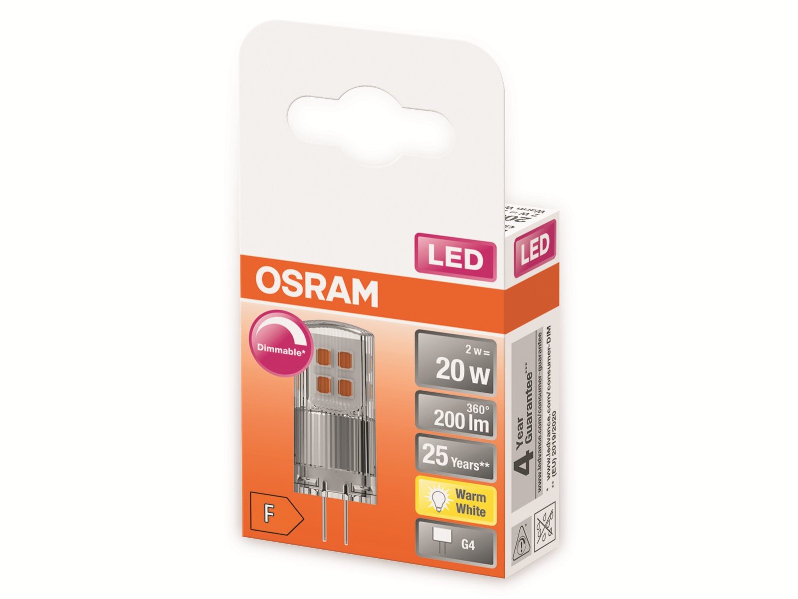 OSRAM LED-Stiftsockellampe, PIN20, G4, EEK: F, 2W, 200lm, 2700K OSRAM LED-Stiftsockellampe, PIN20, G4, EEK: F, 2W, 200lm, 2700K