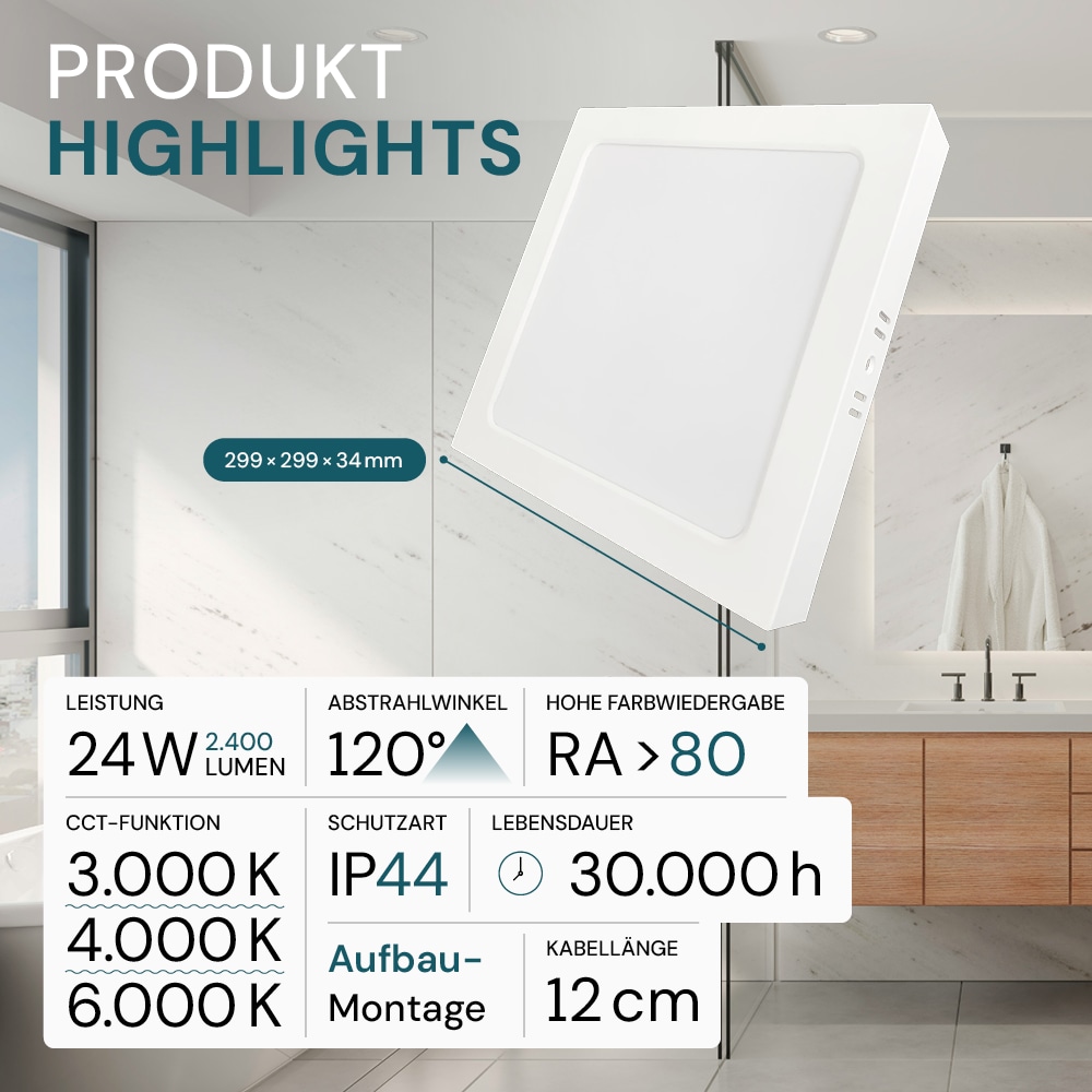 LUXULA LED-Deckenleuchte, 24W, EEK: F, 2400lm, CCT, IP44, quadrat, weiß