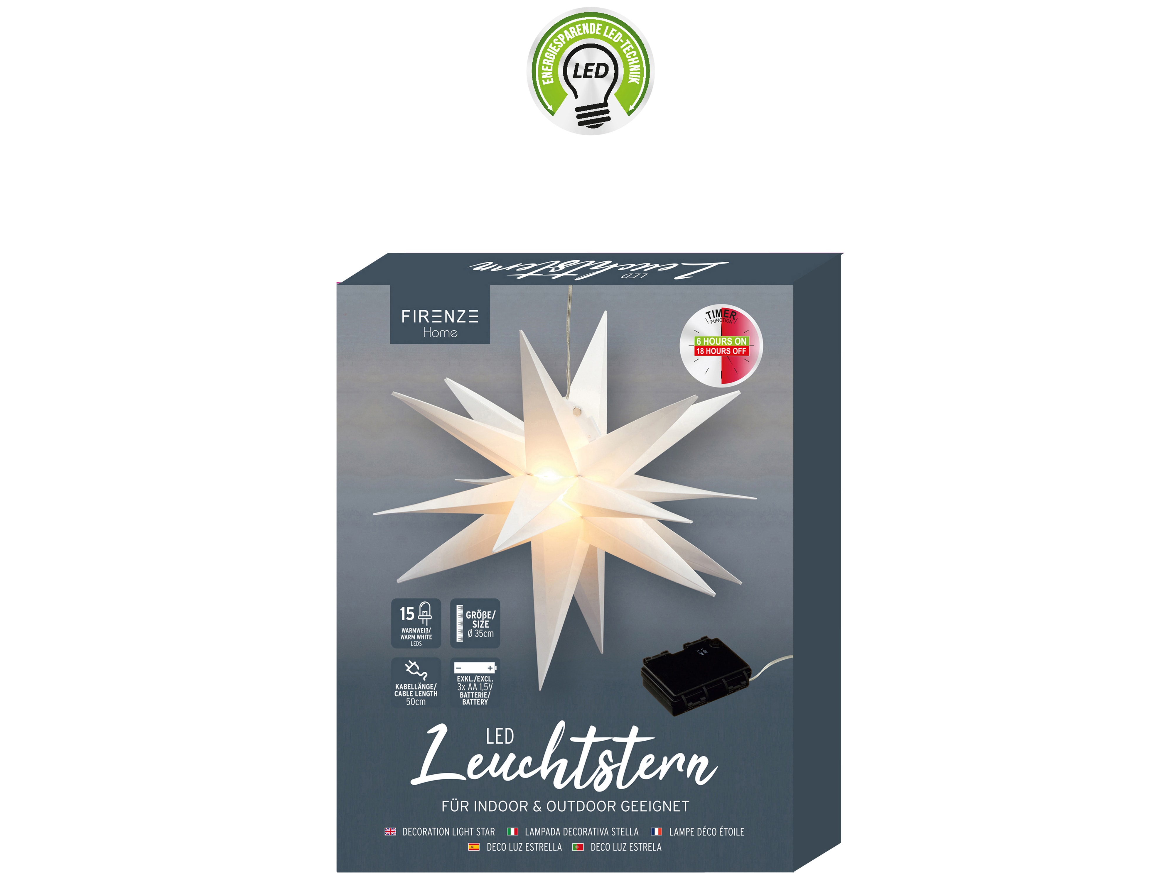 LED-Stern, 15 LEDs, 35 cm, Outdoor, faltbar, weiß