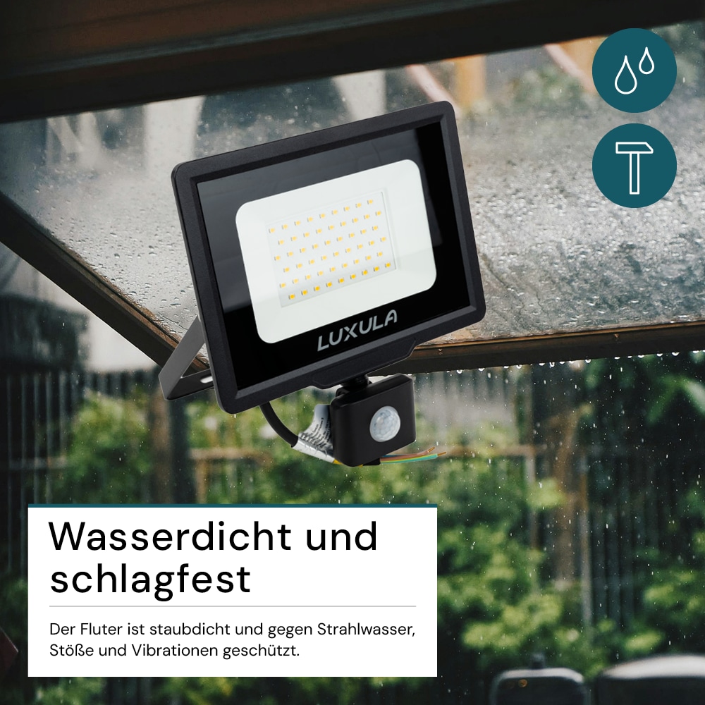 LUXULA LED-Fluter mit Bewegungsmelder, EEK: F, 50W, 5000lm, 4000K, schwarz