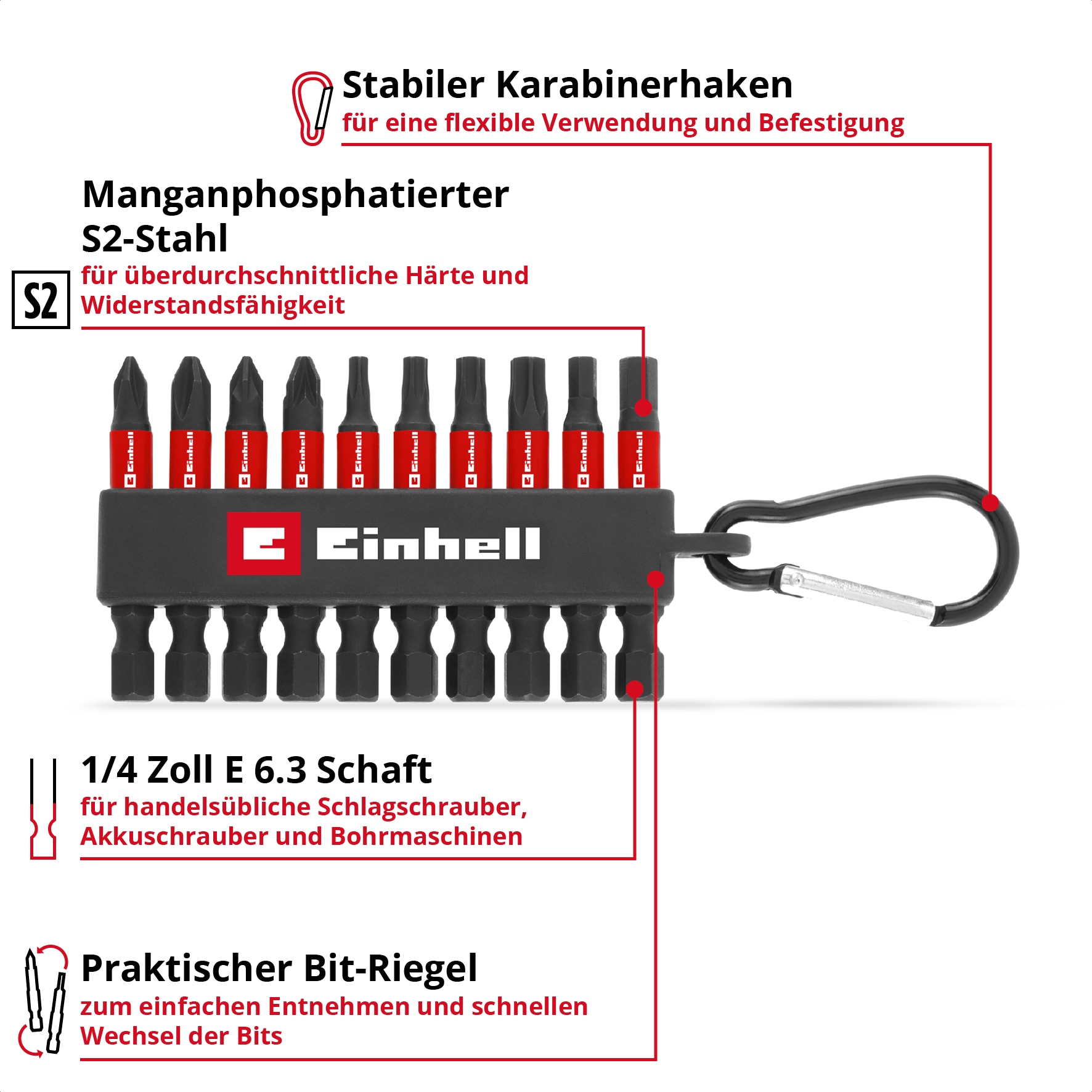 EINHELL Impact-Bit-Set, 118633, Karabiner, 10-teilig EINHELL Impact-Bit-Set, 118633, Karabiner, 10-teilig