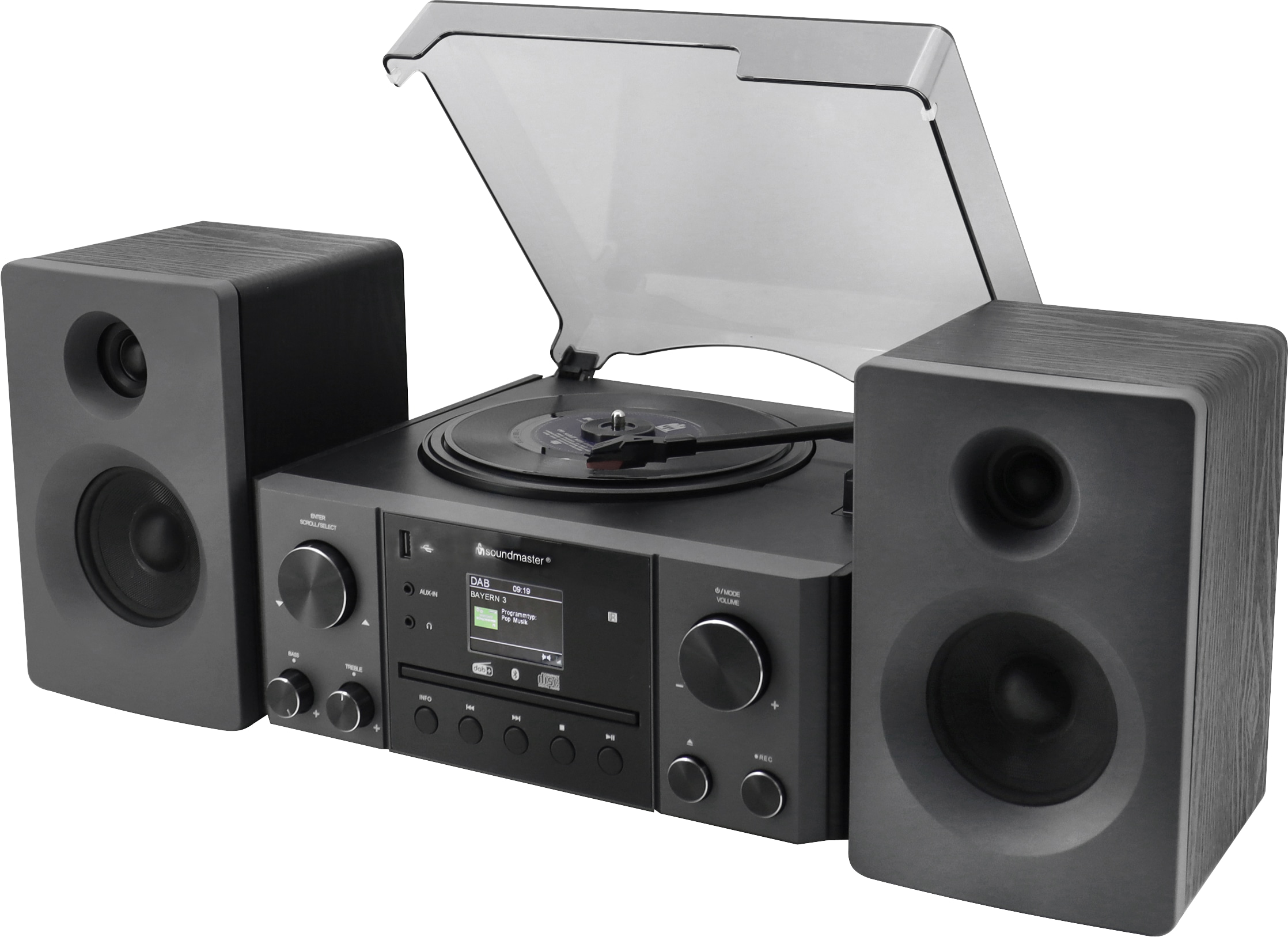 SOUNDMASTER Musikcenter Elite Line MCD1950SW, Plattenspieler, CD, Bluetooth, DAB+, MP3, 2x 10 W, Schwarz SOUNDMASTER Musikcenter Elite Line MCD1950SW, Plattenspieler, CD, Bluetooth, DAB+, MP3, 2x 10 W, Schwarz