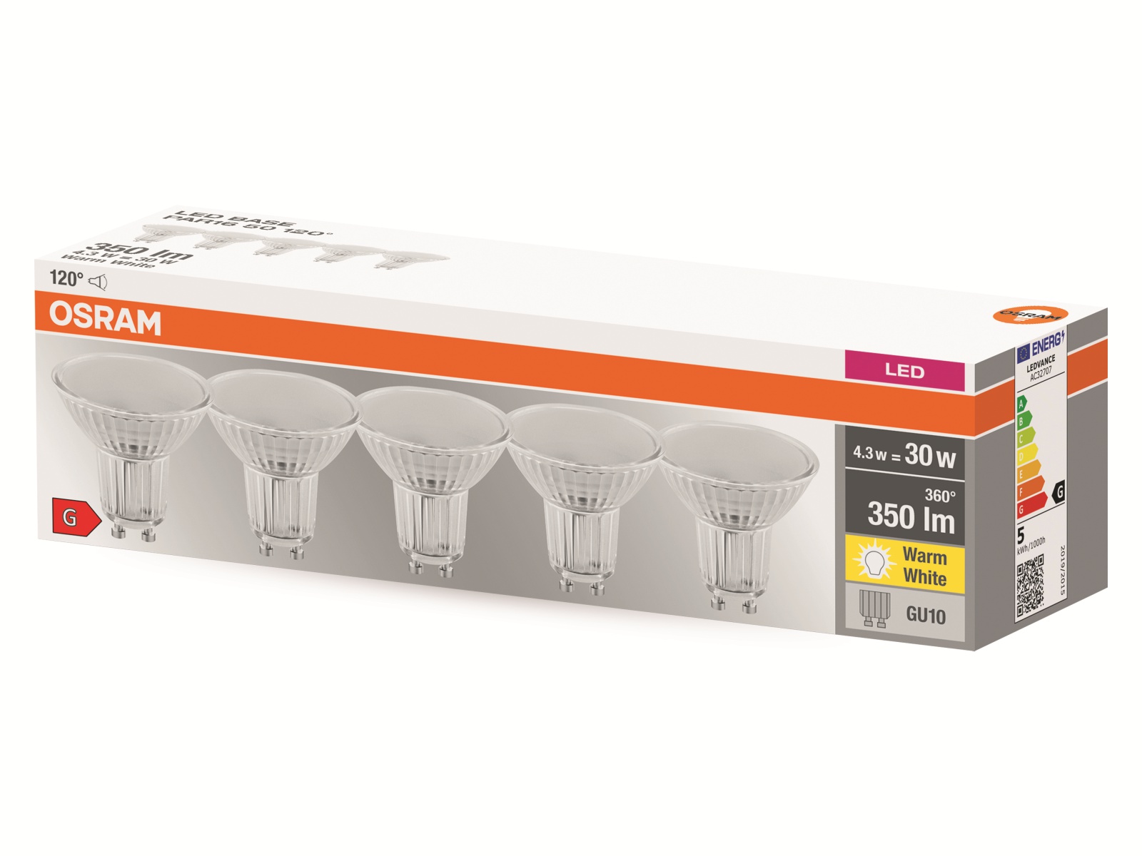 OSRAM LED-Lampe, PAR16, GU10, EEK: F, 4,3W, 350lm, 2700K, 5 Stk OSRAM LED-Lampe, PAR16, GU10, EEK: F, 4,3W, 350lm, 2700K, 5 Stk