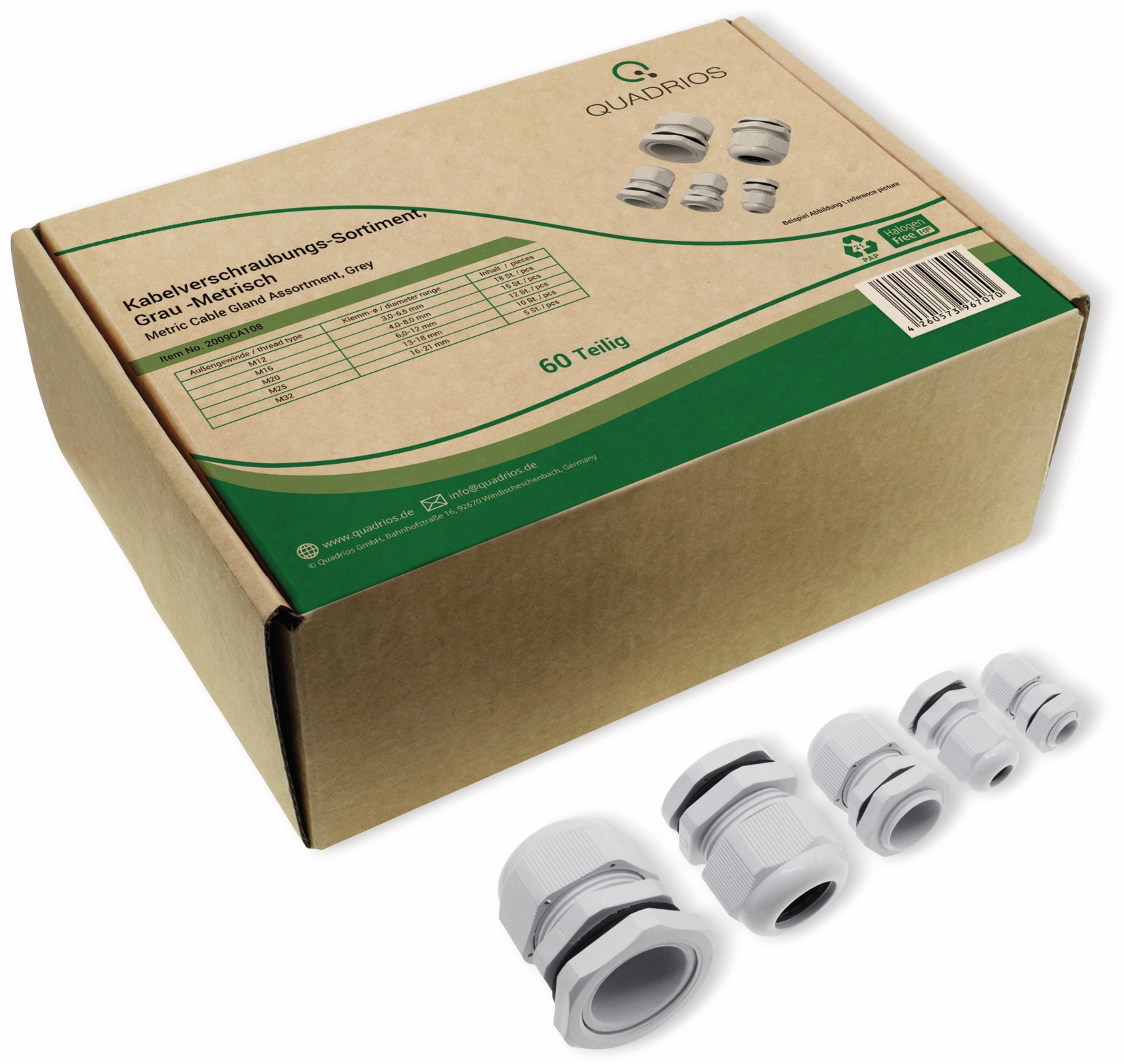 QUADRIOS Kabelverschraubungs-Set 2009CA108, Grau, Metrisch, 60 Stück QUADRIOS, 2009CA108, Kabelverschraubungs-Set, Grau - Metrisch, 60 teilig