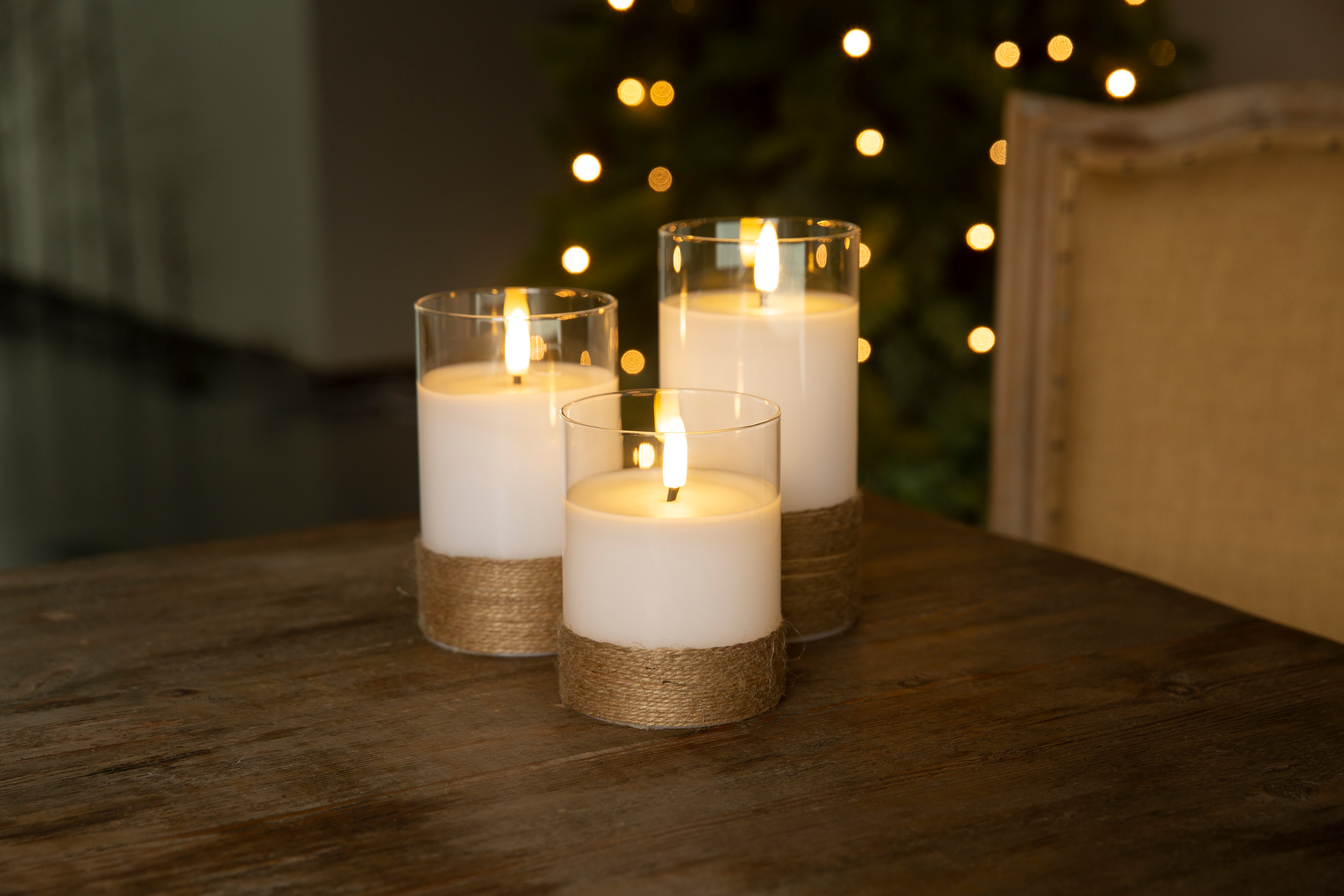 GOOBAY LED-Echtwachskerzen, Glas, Timerfunktion, 3 Stück, warmweiß, mit Hanfschnur umwickelt GOOBAY LED-Echtwachskerzen, Glas, Timerfunktion, 3 Stück, warmweiß, mit Hanfschnur umwickelt