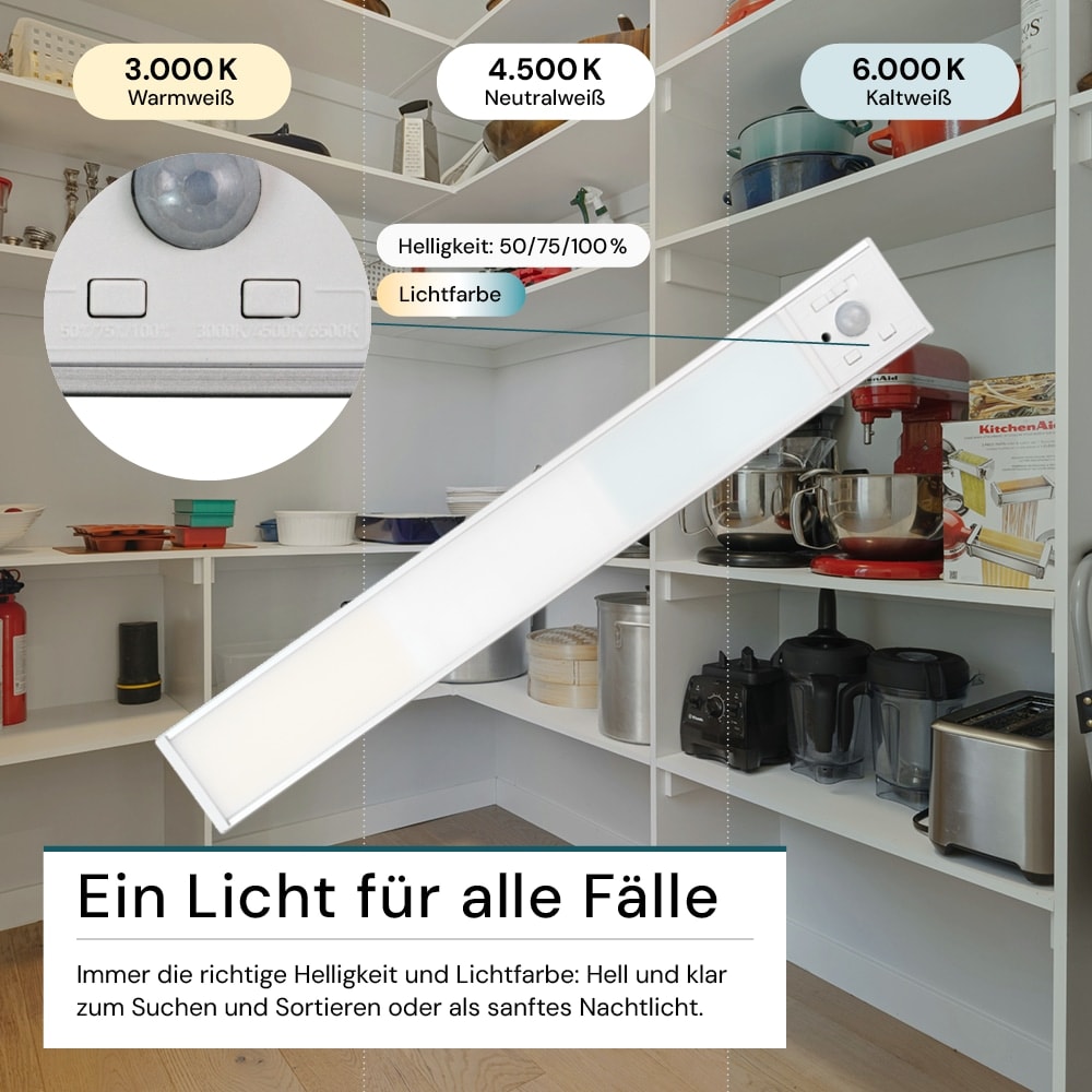 LUXULA LED-Schrankleuchte mit Bewegungsmelder, 2,96W, 110lm, CCT, IP20, silber, 30cm LUXULA LED-Schrankleuchte mit Bewegungsmelder, 2,96W, 850lm, CCT, IP20, silber, 30cm