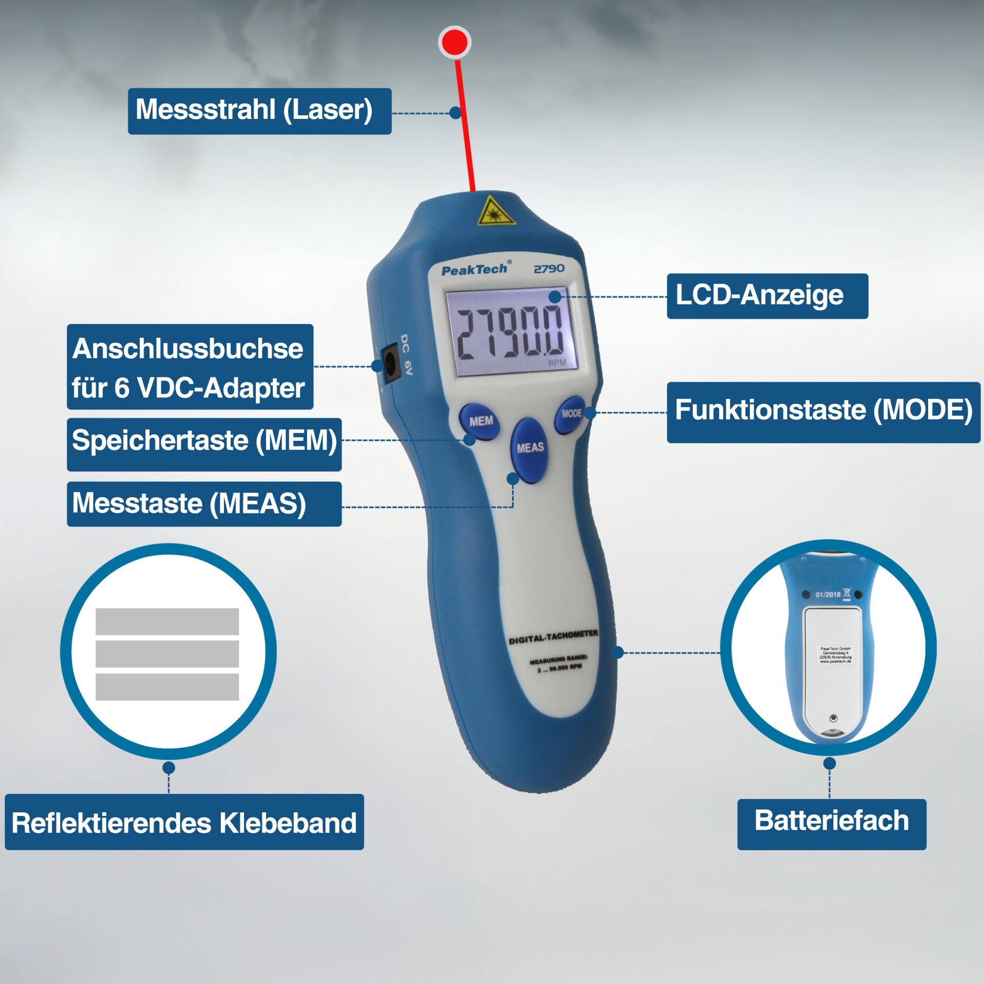 PEAKTECH Drehzahlmessgerät P 2790, 5-stellig, 1... 99.999 rpm