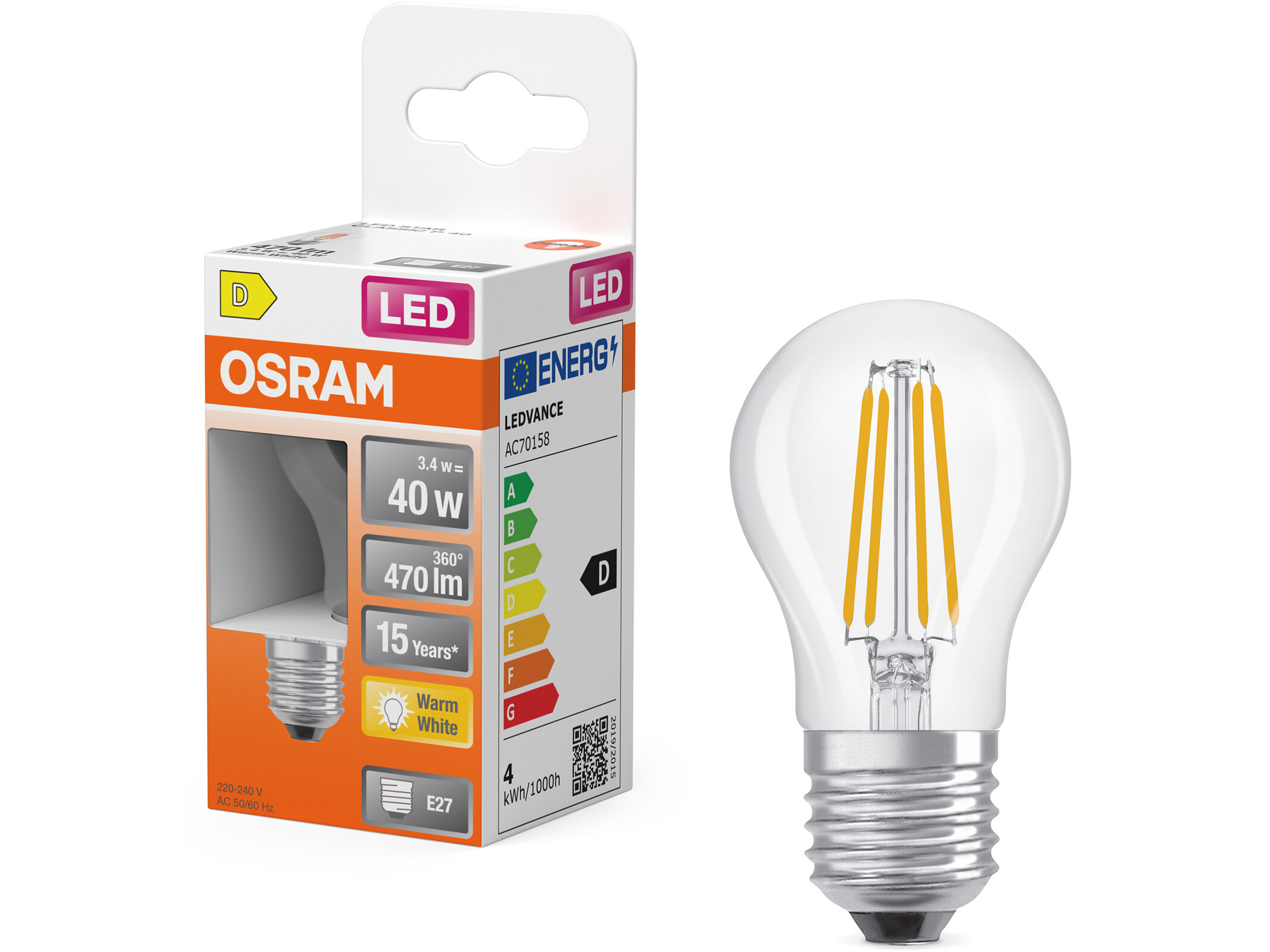 OSRAM LED-Lampe Retrofit, 3,4 W, E27, 2700 K, EEK:D, 470 lm, IP20, warmweiß OSRAM LED-Lampe Retrofit, 3,4 W, E27, 2700 K, EEK: D, 470 lm, IP20, warmweiß