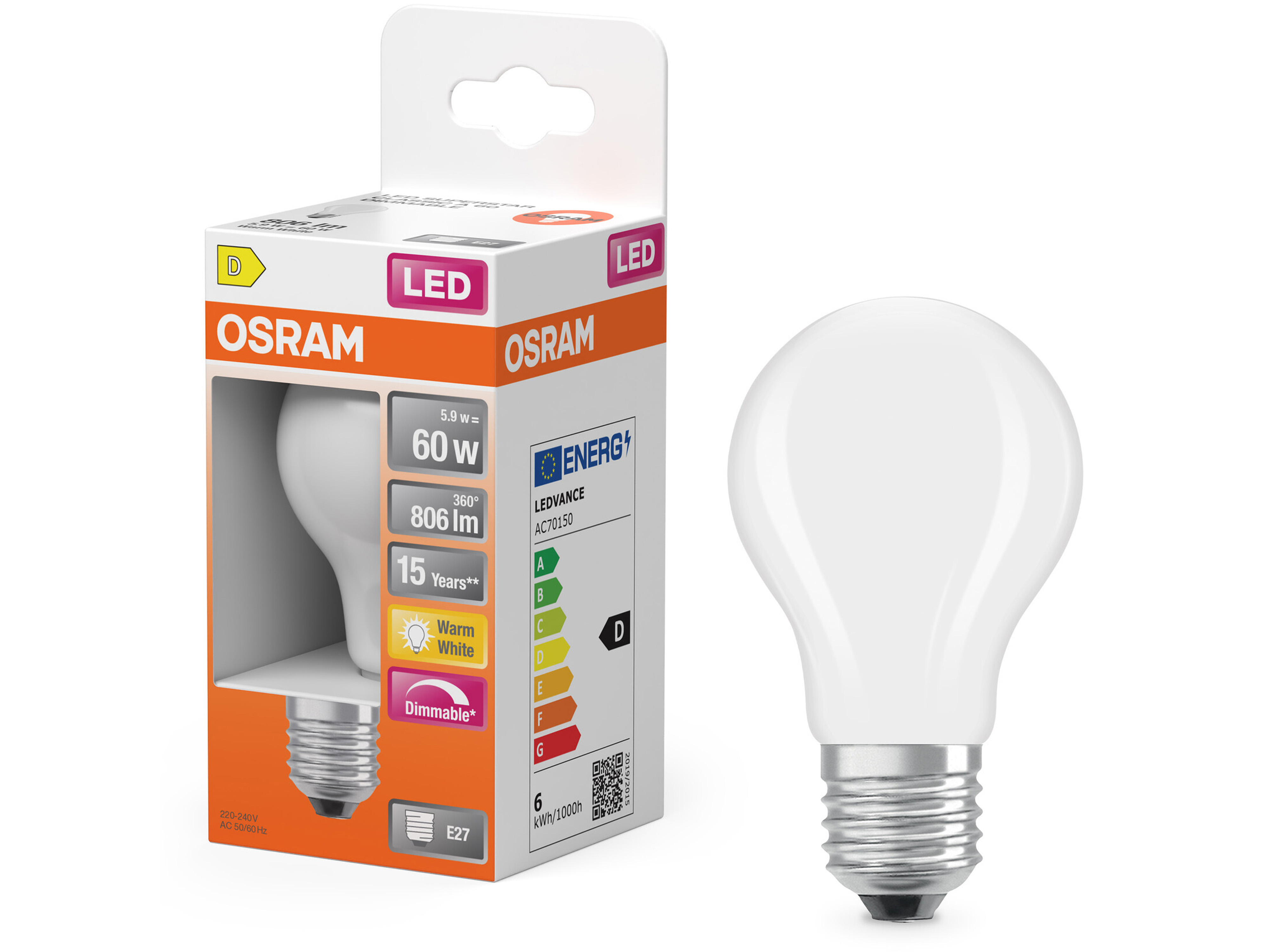 OSRAM LED-Lampe, dimmbar, E27, 5,9 W, 2700 K, EEK: D, 806 lm, IP20, warmweiß OSRAM LED-Lampe, dimmbar, E27, 5,9 W, 2700 K, EEK: D, 806 lm, IP20, warmweiß