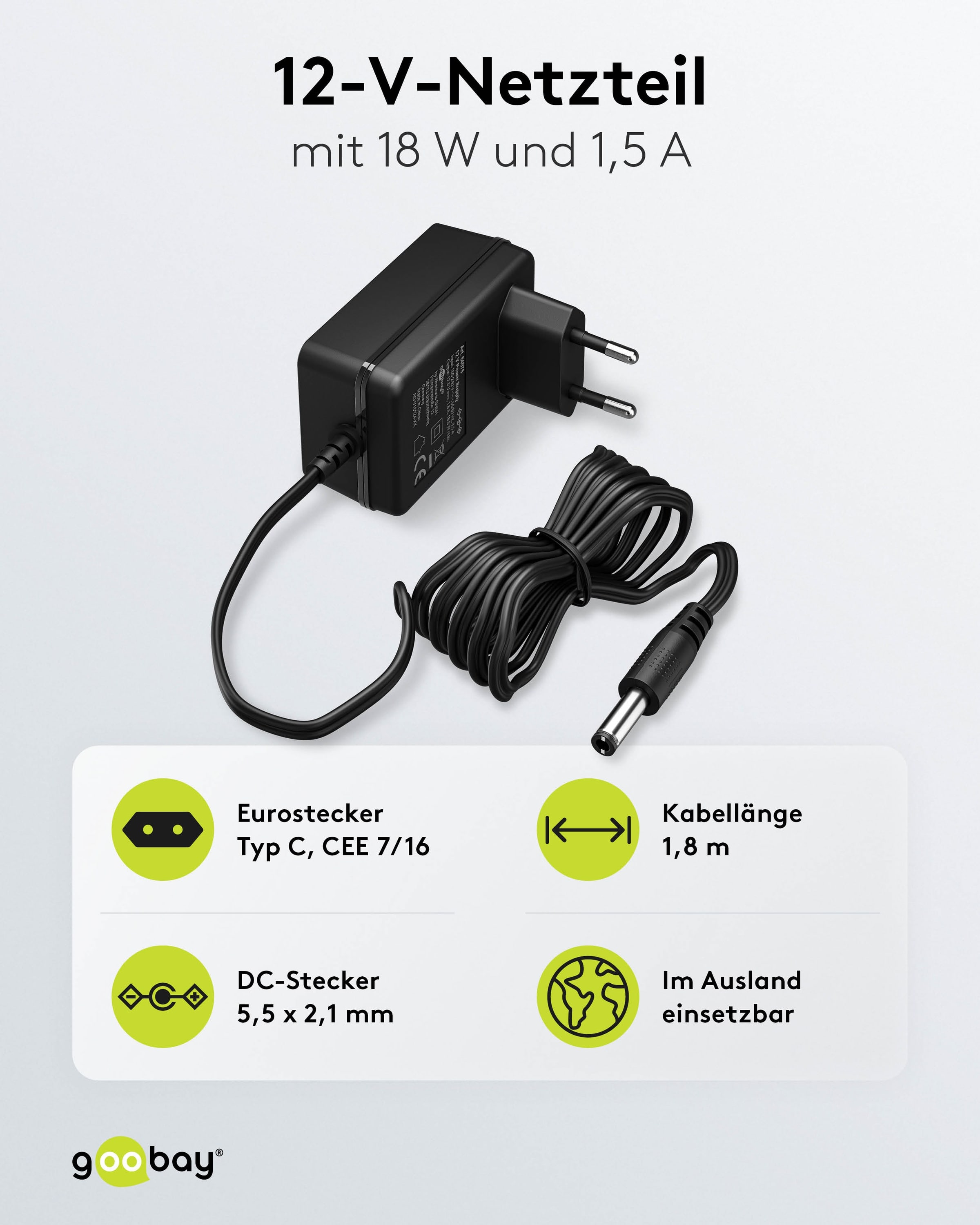 GOOBAY Universal-Netzteil 64975, 12 V-/1 A, 18 W, 5,5x2,1 mm, schwarz GOOBAY Universal-Netzteil 64975, 12 V-/1 A, 18 W, 5,5x2,1 mm, schwarz
