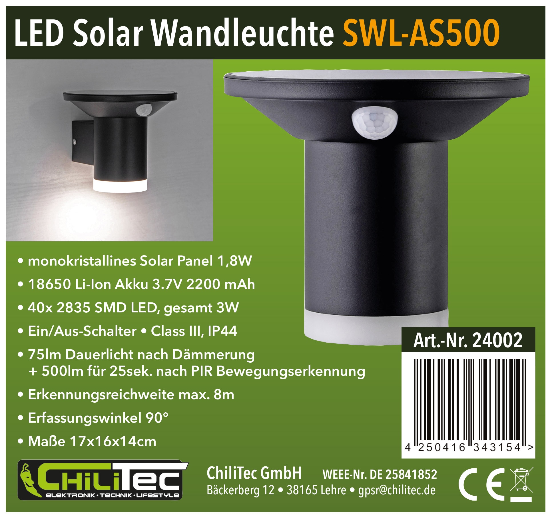 CHILITEC Solar LED-Wandleuchte SWL-AS500, IP44, 3000 K, PIR-Sensor CHILITEC Solar LED-Wandleuchte SWL-AS500, IP44, 3000 K, PIR-Sensor