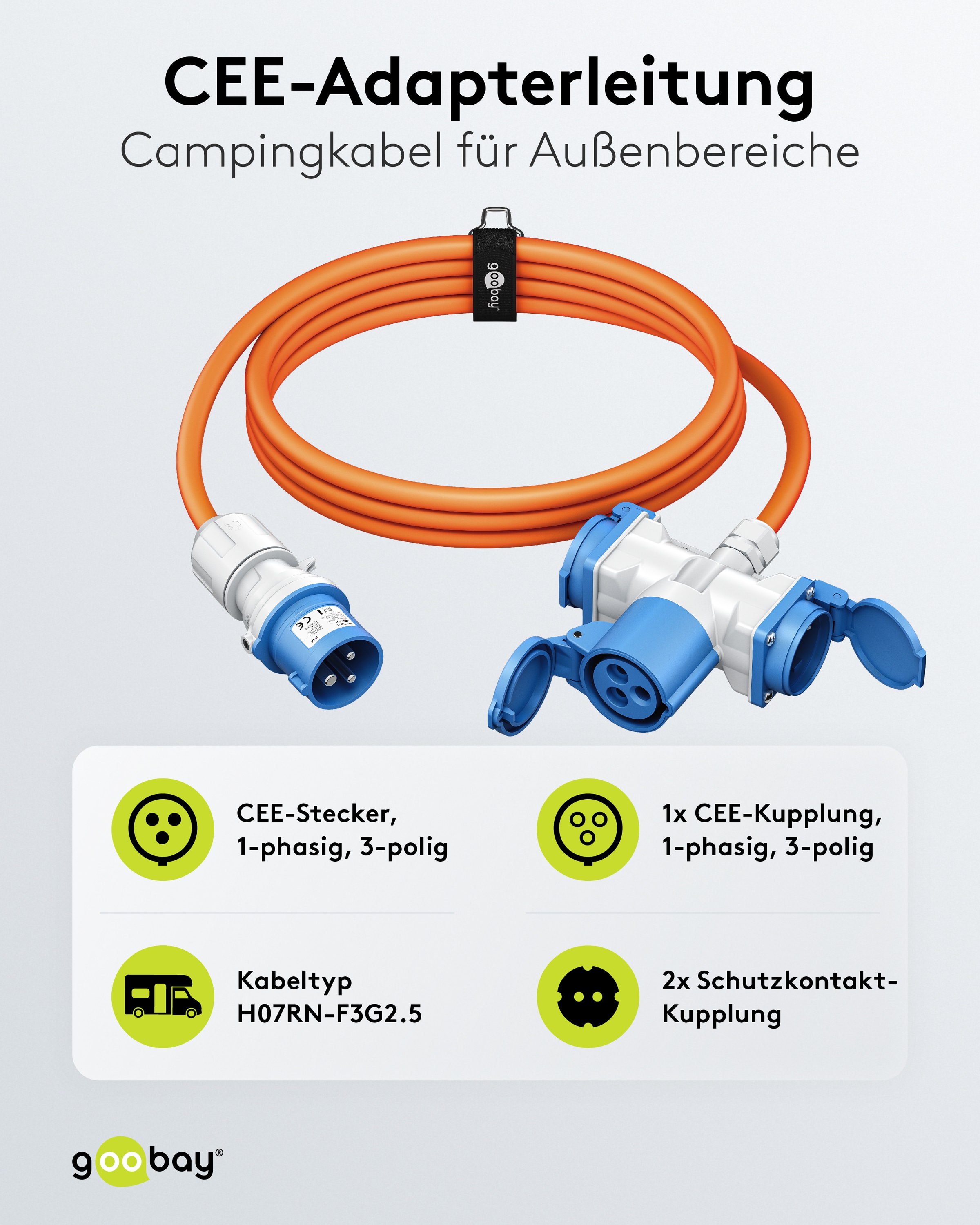 GOOBAY CEE-Adapterkabel 76266, 10 m, Stecker zu Kupplung + 2x Schutzkontaktkupplung GOOBAY CEE-Adapterkabel 76266, 10 m, Stecker zu Kupplung + 2x Schutzkontaktkupplung