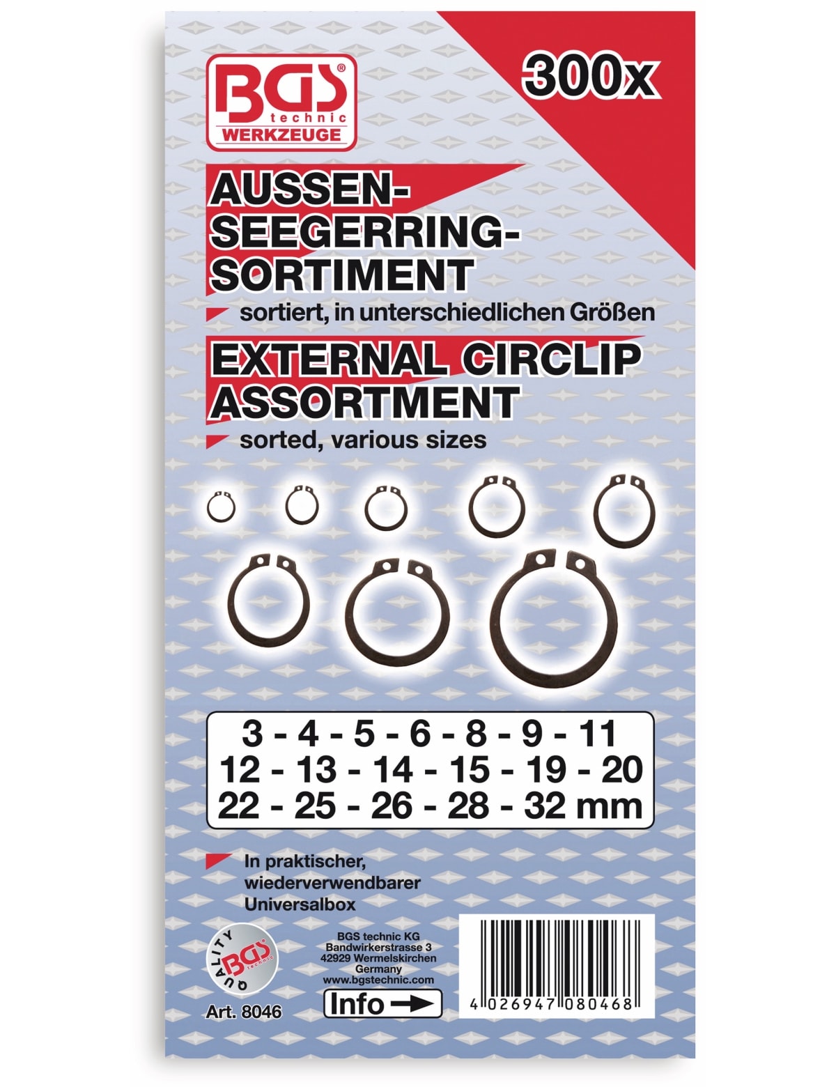 BGS TECHNIC Außen-Seegering-Set, 8046, Ø3...32 mm, 300-tlg BGS TECHNIC Außen-Seegering-Set, 8046, Ø3...32 mm, 300-tlg