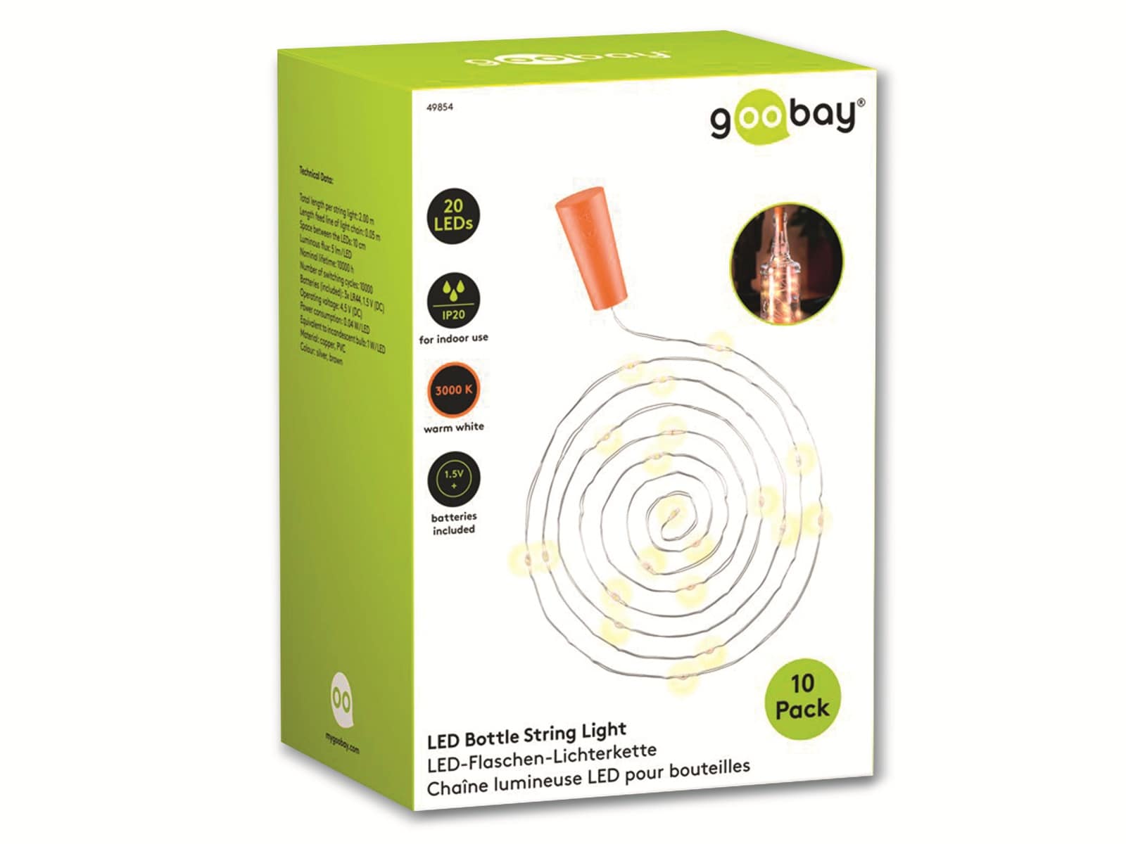 GOOBAY LED-Flaschen-Lichterkette mit 20 LEDs, 10 Stück GOOBAY LED-Flaschen-Lichterkette mit 20 LEDs, 10 Stück