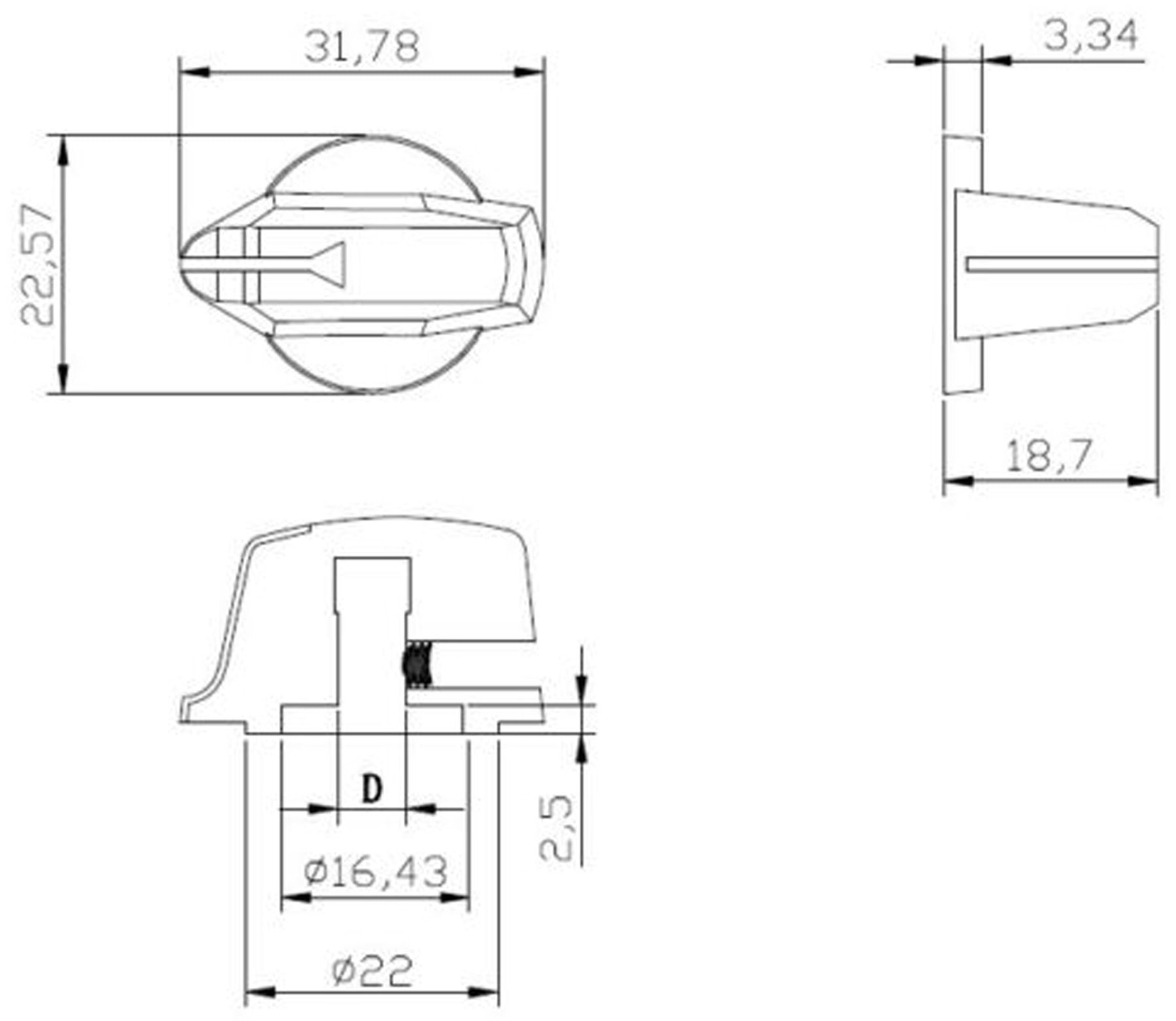 Drehknopf, Ø23x19 mm, Achse Ø6 mm, Länge 32 mm