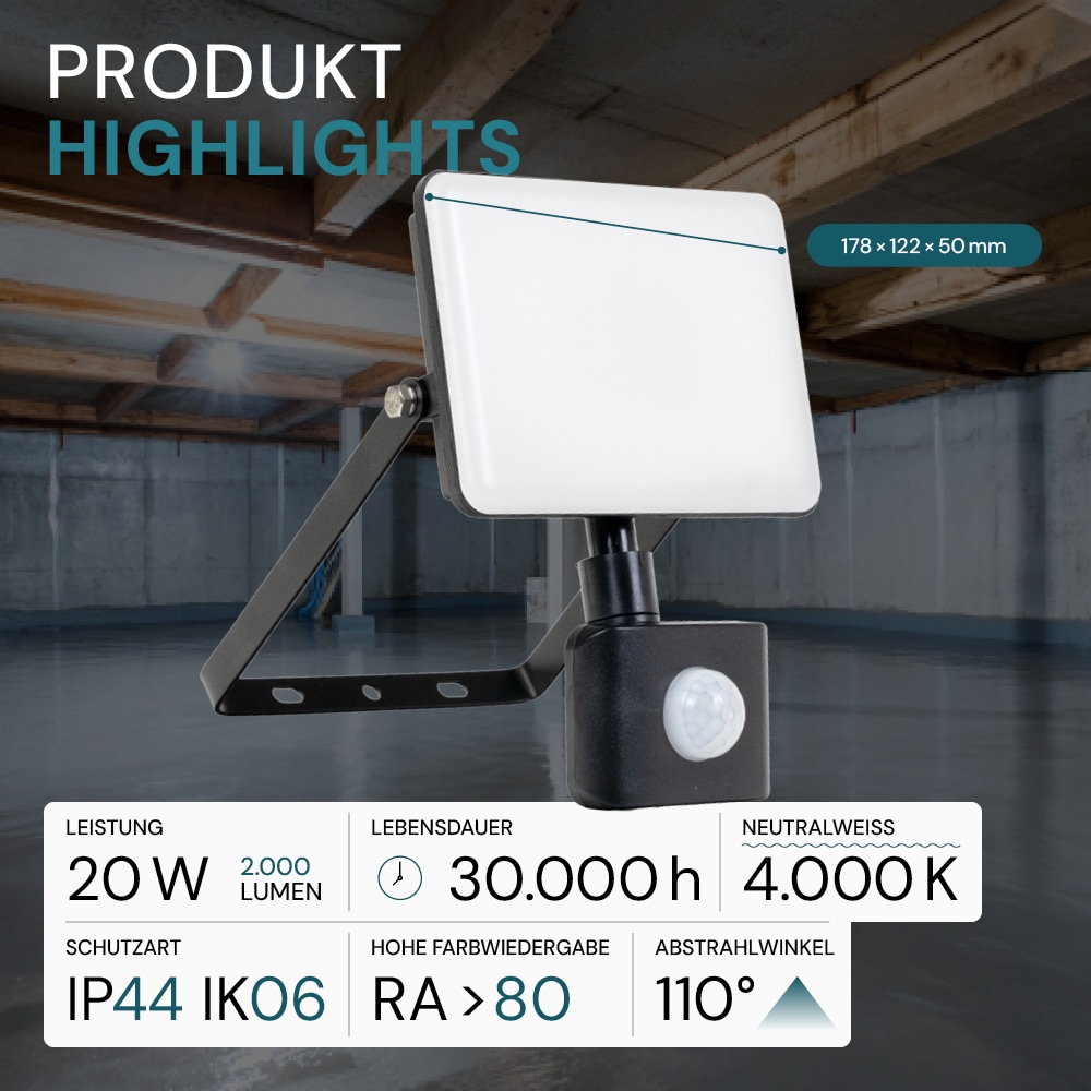 LUXULA LED-Fluter mit Bewegungsmelder, EEK: F, 20W, 2000lm, 4000K, IP44,, weiß LED-Fluter LUXULA mit Bewegungsmelder, EEK: F, 20W, 2000lm, 4000K, schwarz