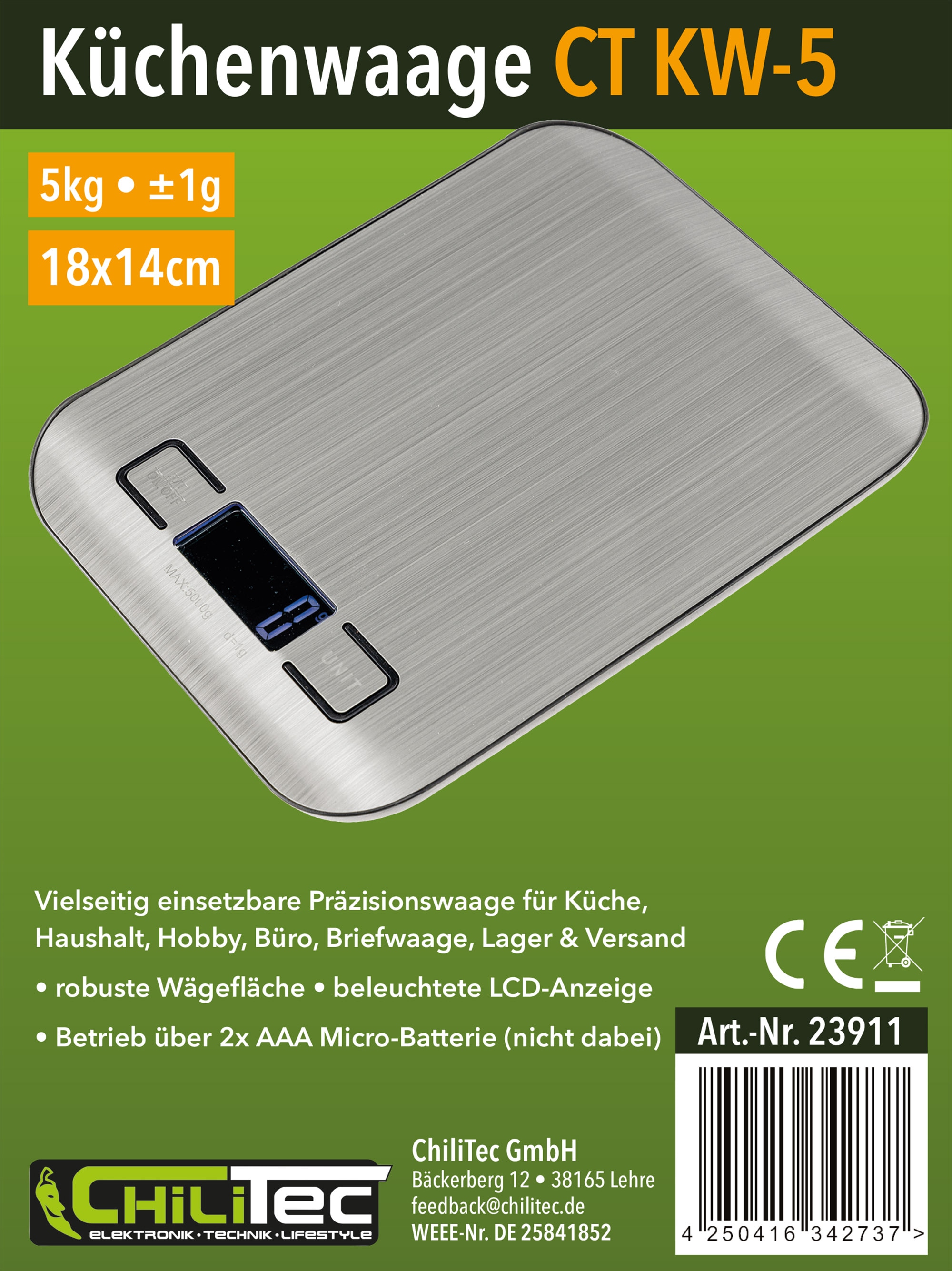 CHILITEC Digitale Küchenwaage CT KW-5, 0...5000 g, 180x140x20 mm, silber CHILITEC Digitale Küchenwaage CT KW-5, 0...5000 g, 180x140x20 mm, silber