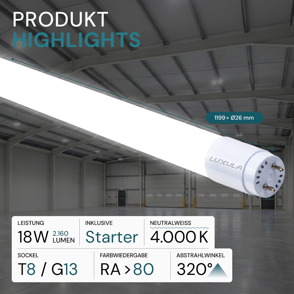 LUXULA LED-Röhre 2160lm LX100820, T8, 4000K, 120lm/W, 18W, mit Brücke LUXULA LED-Röhre 2160lm LX100820, T8, 4000K, 120lm/W, 18W, mit Brücke