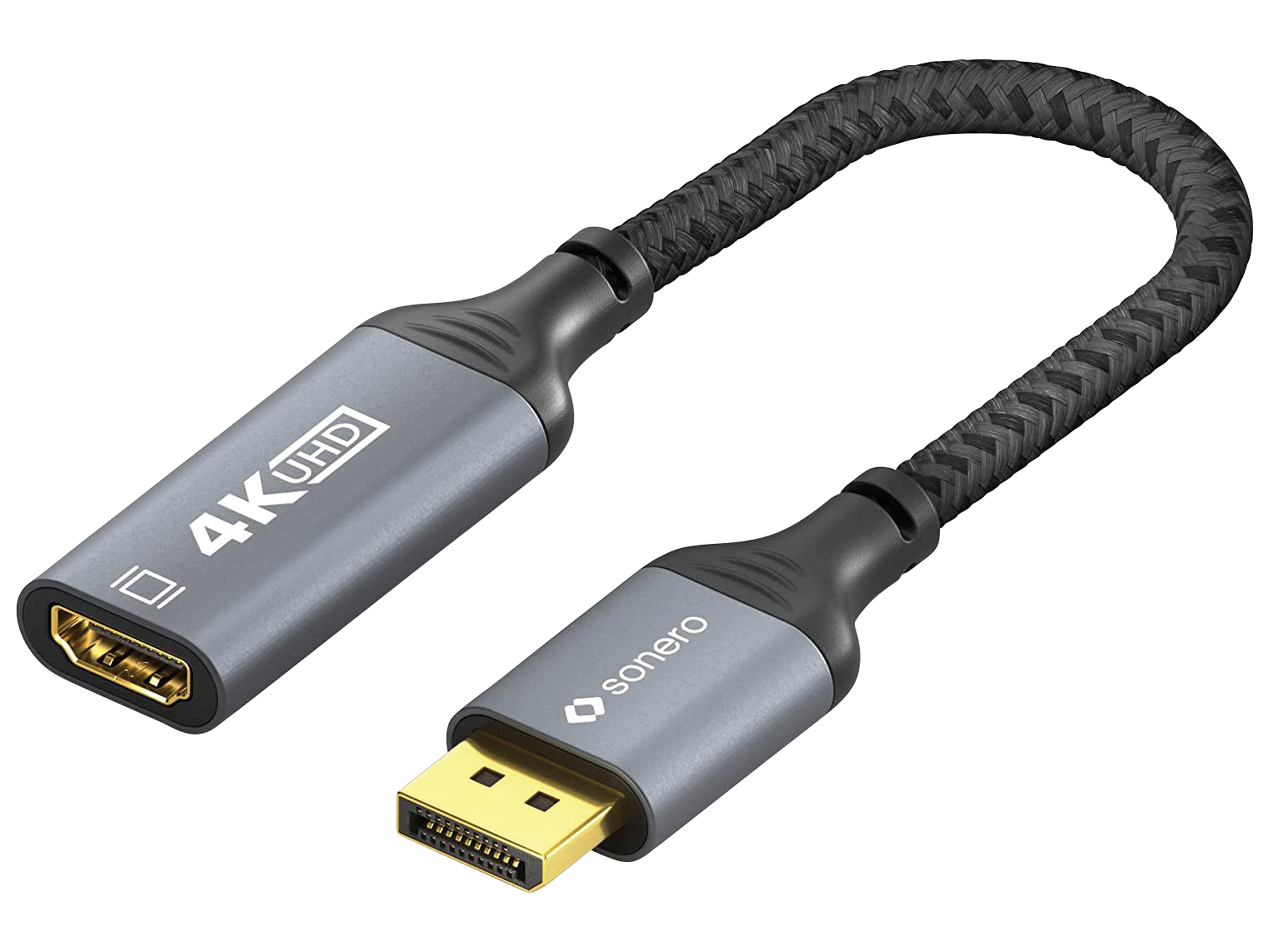 SONERO DisplayPort-Adapterkabel, DP auf HDMI, 4K60, grau/schwarz, 10 cm SONERO DisplayPort-Adapterkabel, DP auf HDMI, 4K60, grau/schwarz, 10 cm
