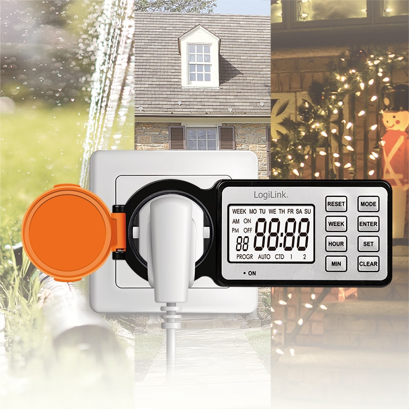 LOGILINK Outdoor-Zeitschaltuhr ET0016, 2,2"-LCD-Display, CEE 7/3, IP44, 3600 W, schwarz/orange LOGILINK Outdoor-Zeitschaltuhr mit 2,2"-LCD-Display, CEE 7/3, IP44, 3600 W, schwarz/orange