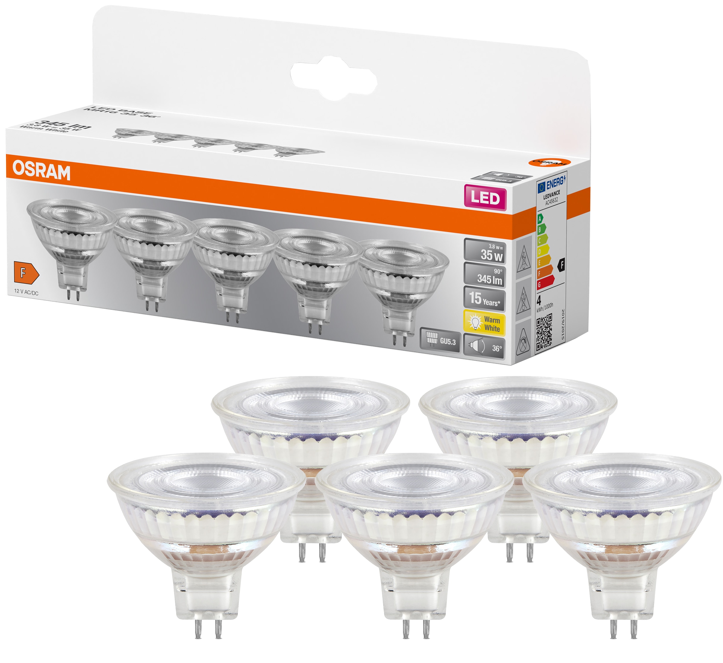 OSRAM LED-Lampe MR16, 5 Stück, GU5,3, 3,8 W, 345 lm, 2700 K OSRAM LED-Lampe MR16, 5 Stück, GU5,3, 3,8 W, 345 lm, 2700 K