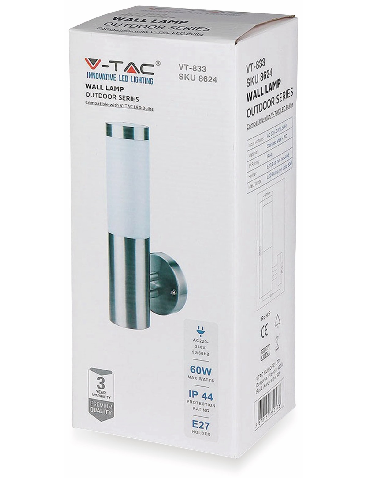 V-TAC Wandleuchte VT-833, IP44, E27, Edelstahl, VT-8624 V-TAC Wandleuchte VT-833, IP44, E27, Edelstahl, VT-8624
