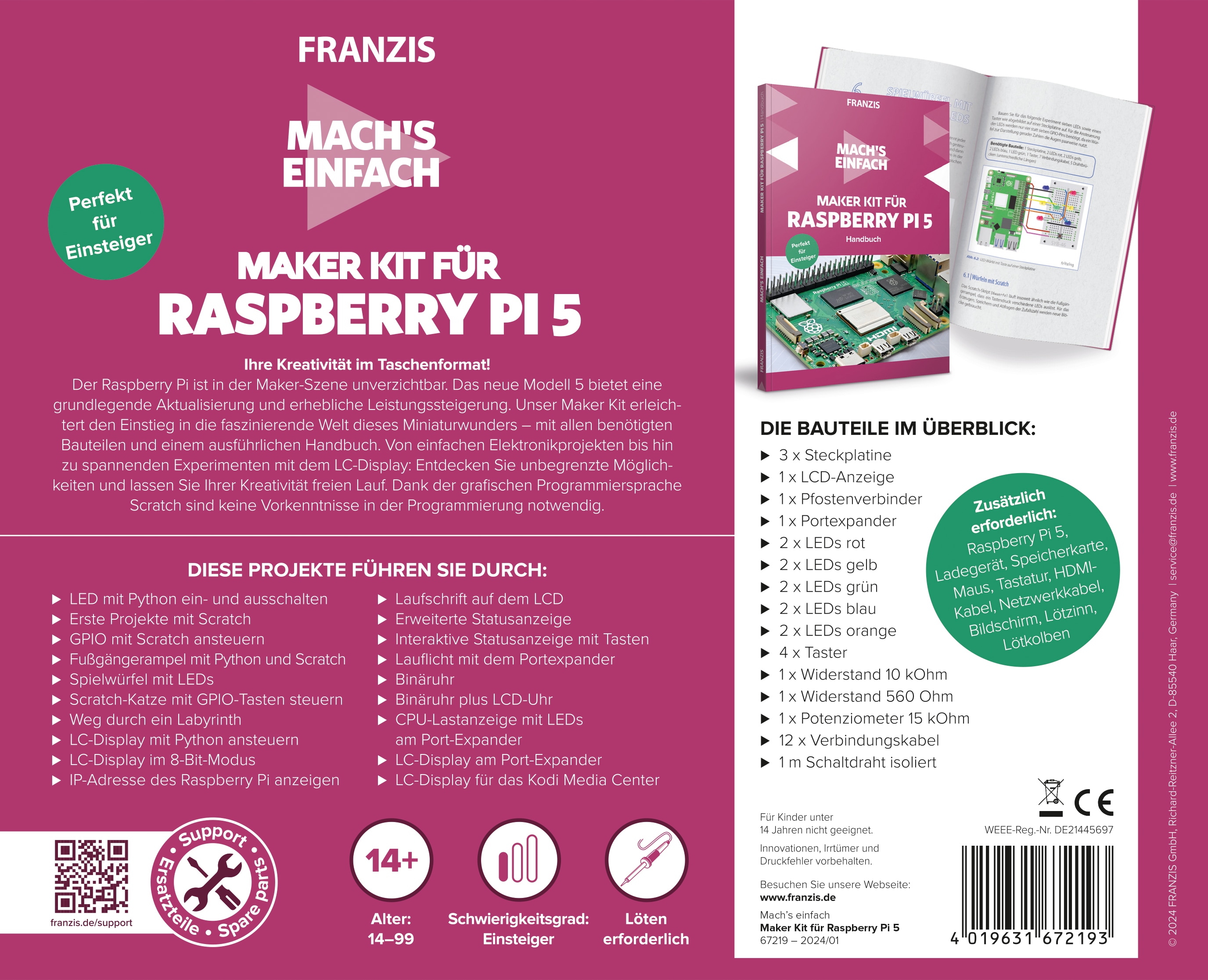FRANZIS Maker Kit für Raspberry Pi 5 67219, Programmierplatine ab 14 Jahre FRANZIS Maker Kit für Raspberry Pi 5 67219, Programmierplatine ab 14 Jahre