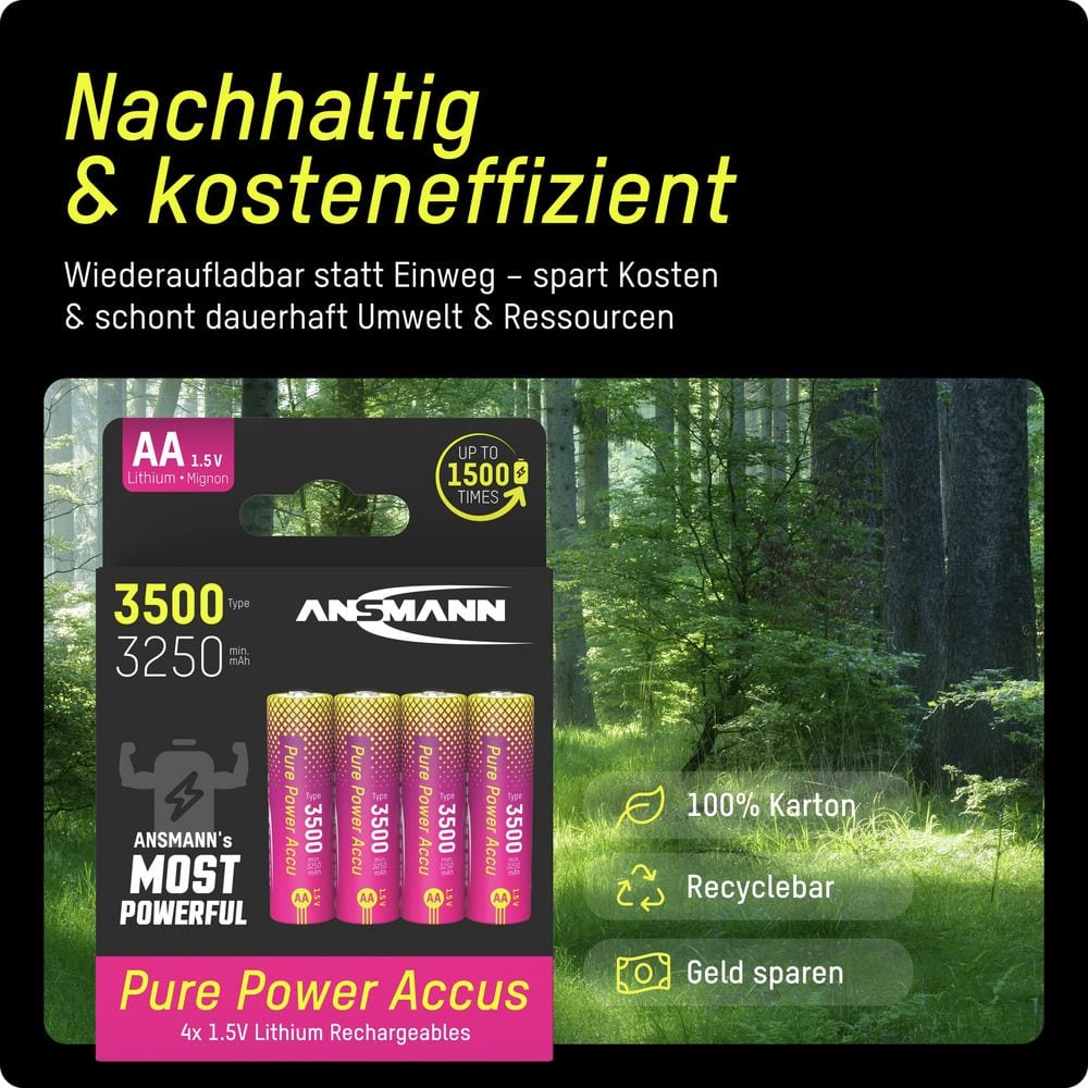 ANSMANN Li-Ion Akkus, Mignon AA, Typ 3500 (min. 3250 mAh), 4 Stück Li-Lon Akkus ANSMANN, Mignon AA, Typ 3500 (min. 3250 mAh), 4 Stück