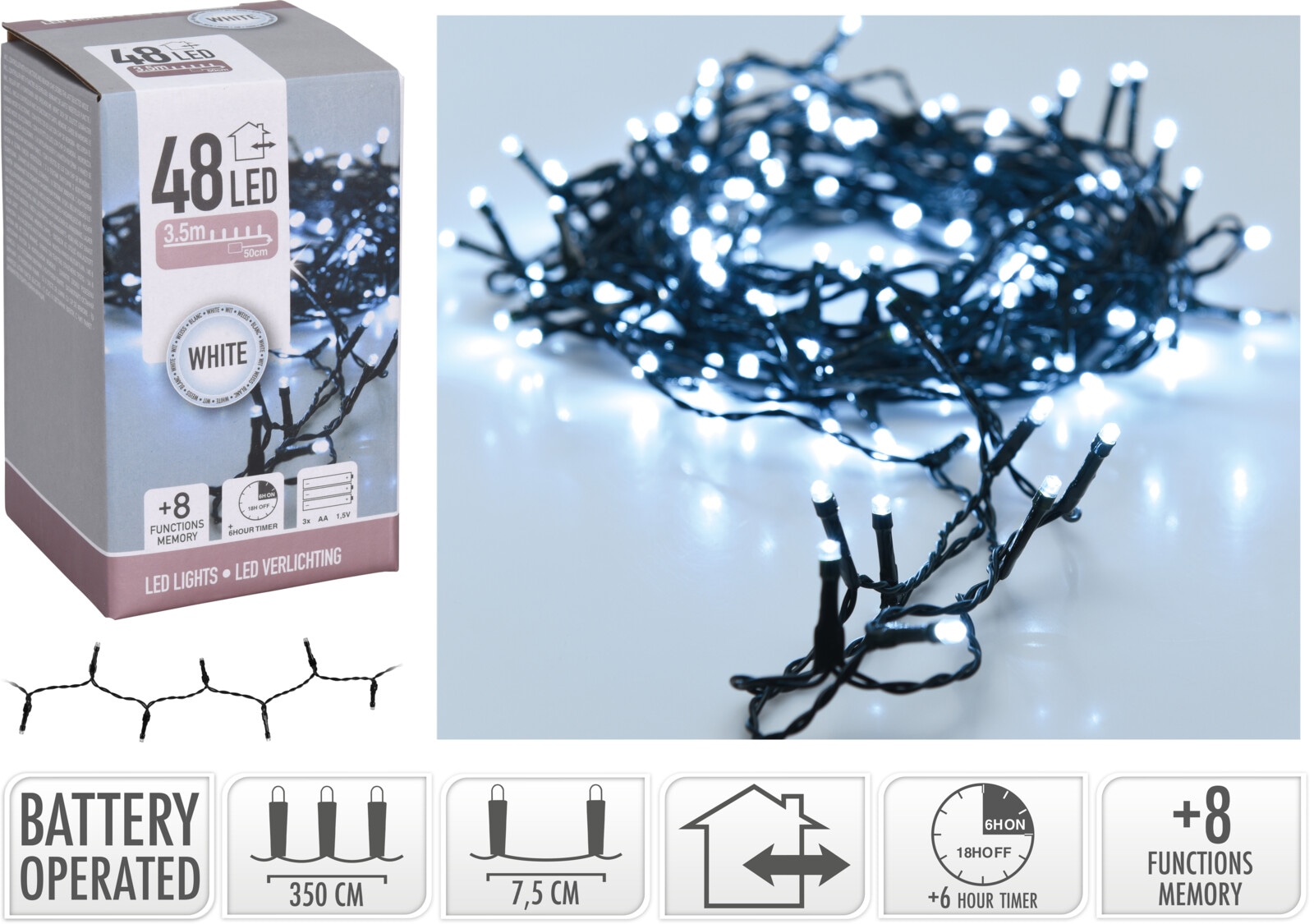 KOOPMAN LED-Lichterkette kaltweiß, 48 LEDs, Batteriebetrieben, schwarzes Kabel, Innen/Außen, 4m