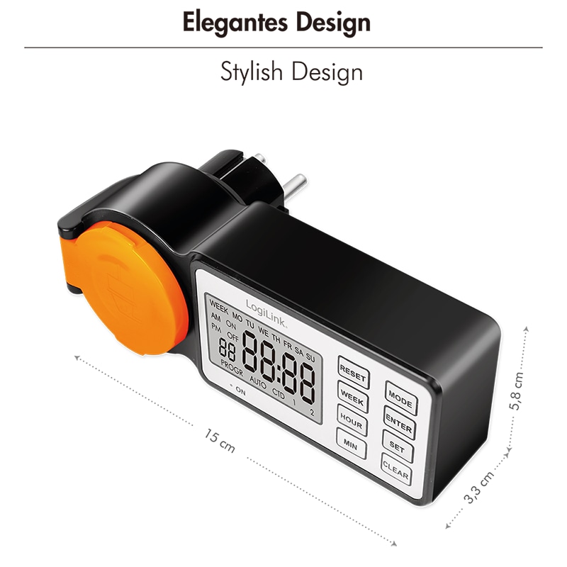 LOGILINK Outdoor-Zeitschaltuhr mit 2,2"-LCD-Display, CEE 7/3, IP44, 3600 W, schwarz/orange