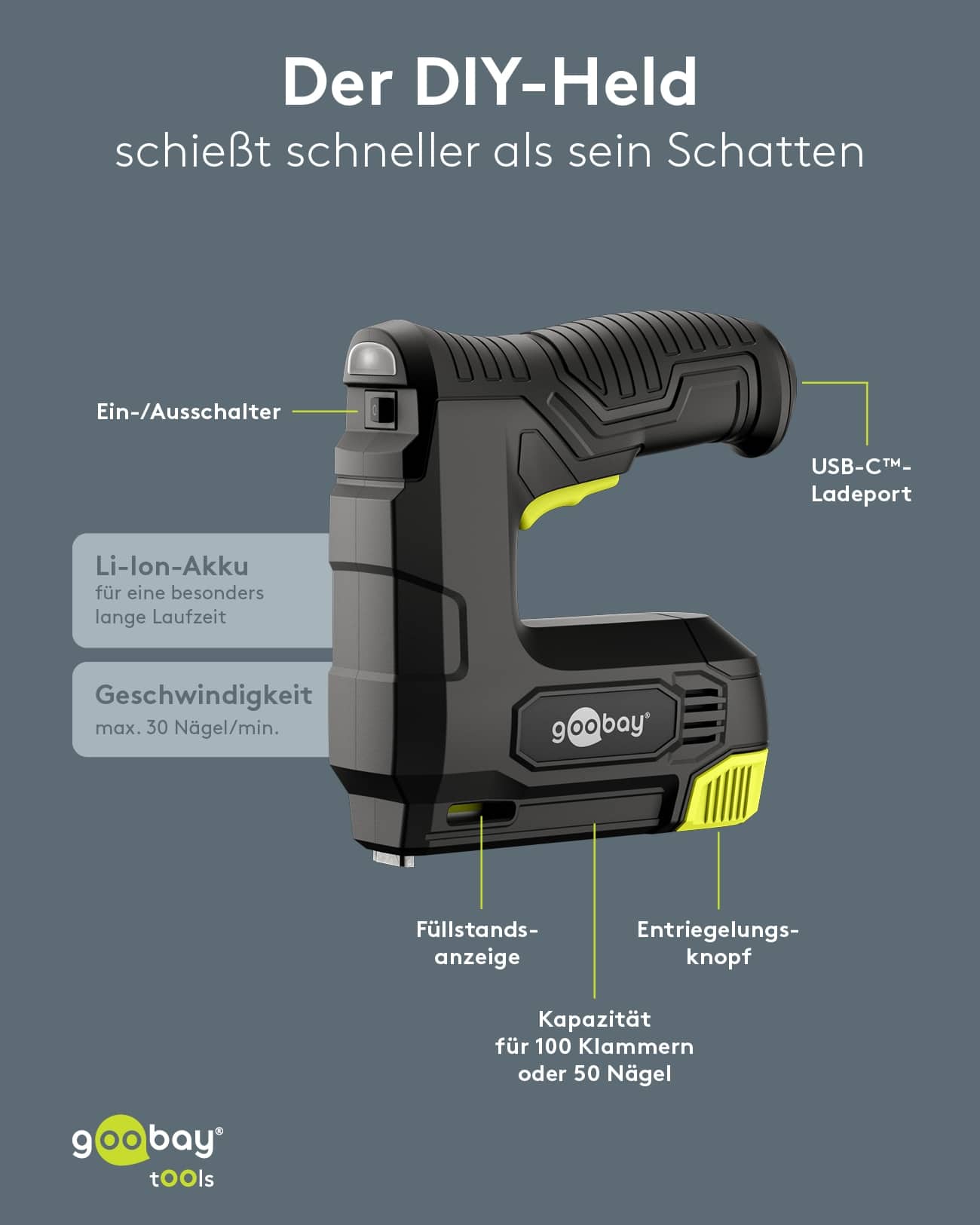 GOOBAY TOOLS 2in1 Akku-Tacker, 77819, mit 2.000 Tackernadeln und 500 Nägeln GOOBAY TOOLS 2in1 Akku-Tacker, 77819, mit 2.000 Tackernadeln und 500 Nägeln