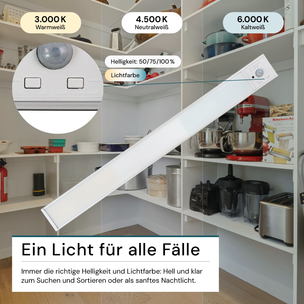 LUXULA LED-Schrankleuchte mit Bewegungsmelder, 4,07W, 1650lm, CCT, IP20, silber, 60cm